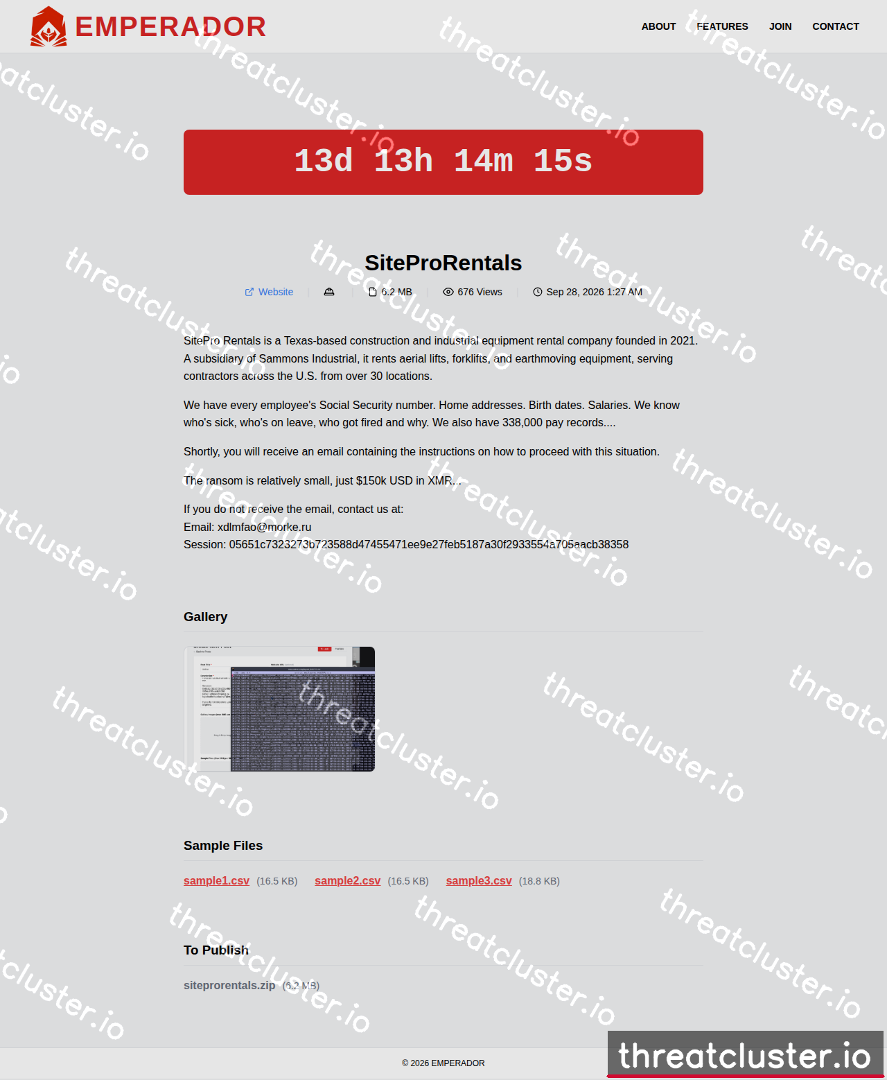 Leak-site post naming SiteProRentals, captured by ThreatCluster