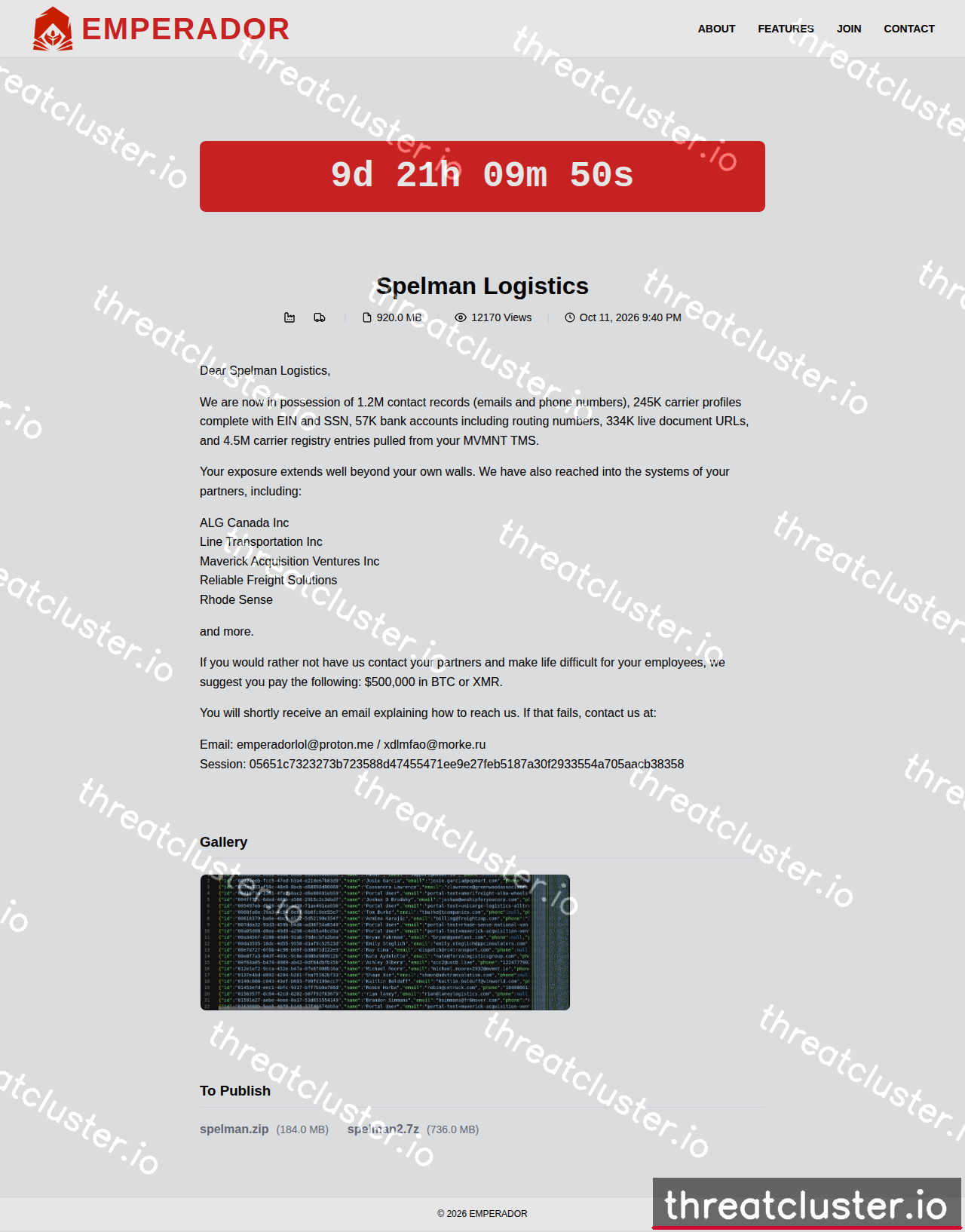 Leak-site post naming Spelman Logistics, captured by ThreatCluster