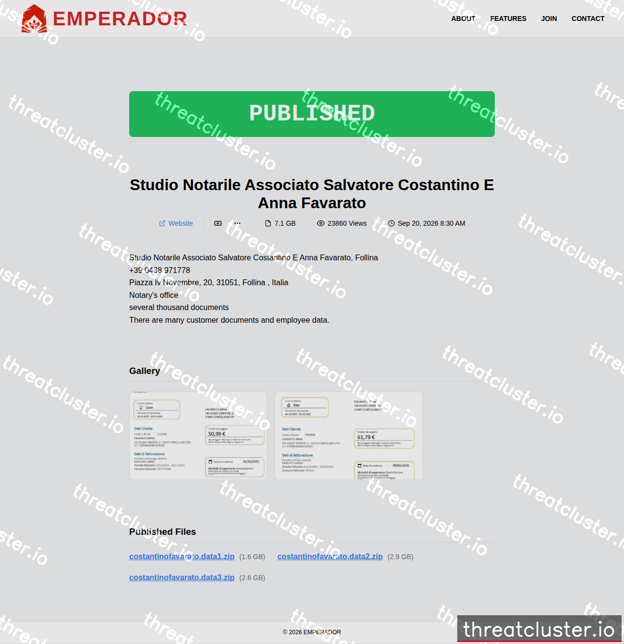 Leak-site post naming Studio Notarile Associato Salvatore Costantino E Anna Favarato, captured by ThreatCluster