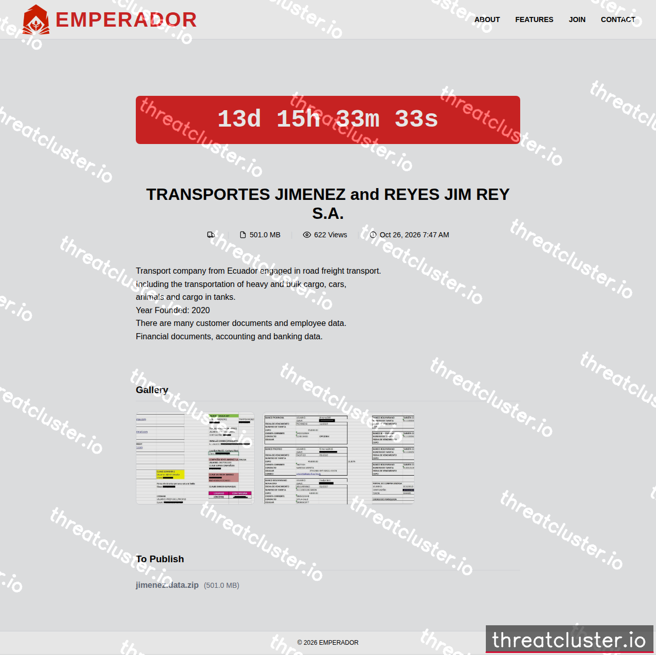 Leak-site post naming TRANSPORTES JIMENEZ and REYES JIM REY S.A., captured by ThreatCluster