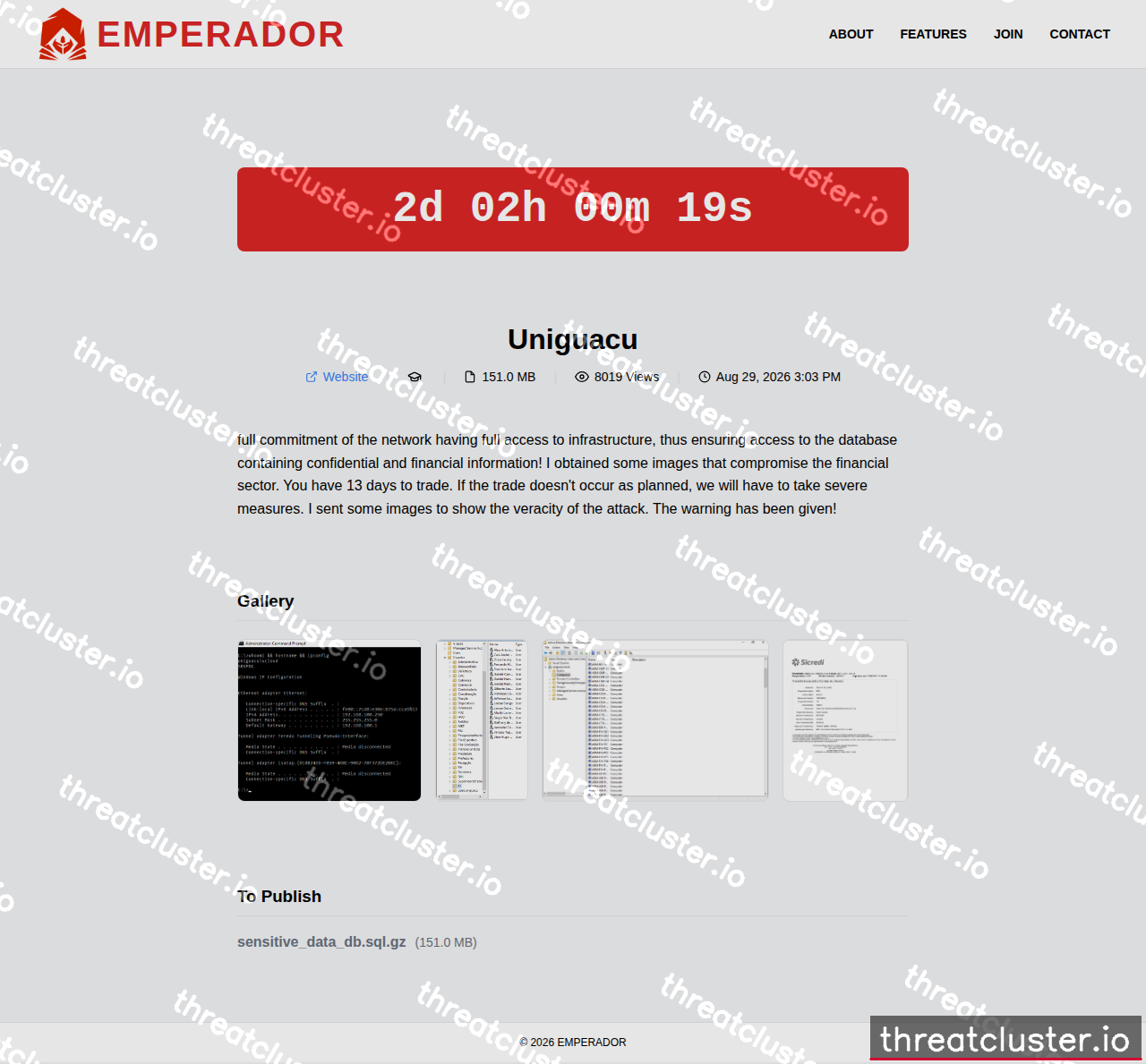 Leak-site post naming Uniguacu, captured by ThreatCluster