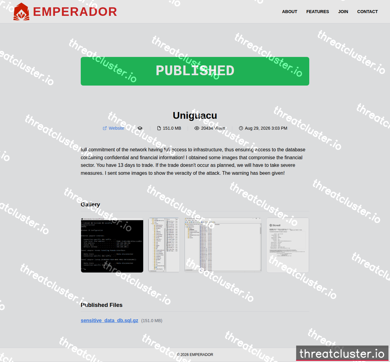 Leak-site post naming Uniguacu, captured by ThreatCluster