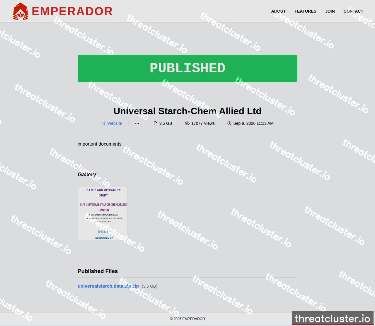 Leak-site post naming Universal Starch-Chem Allied Ltd, captured by ThreatCluster