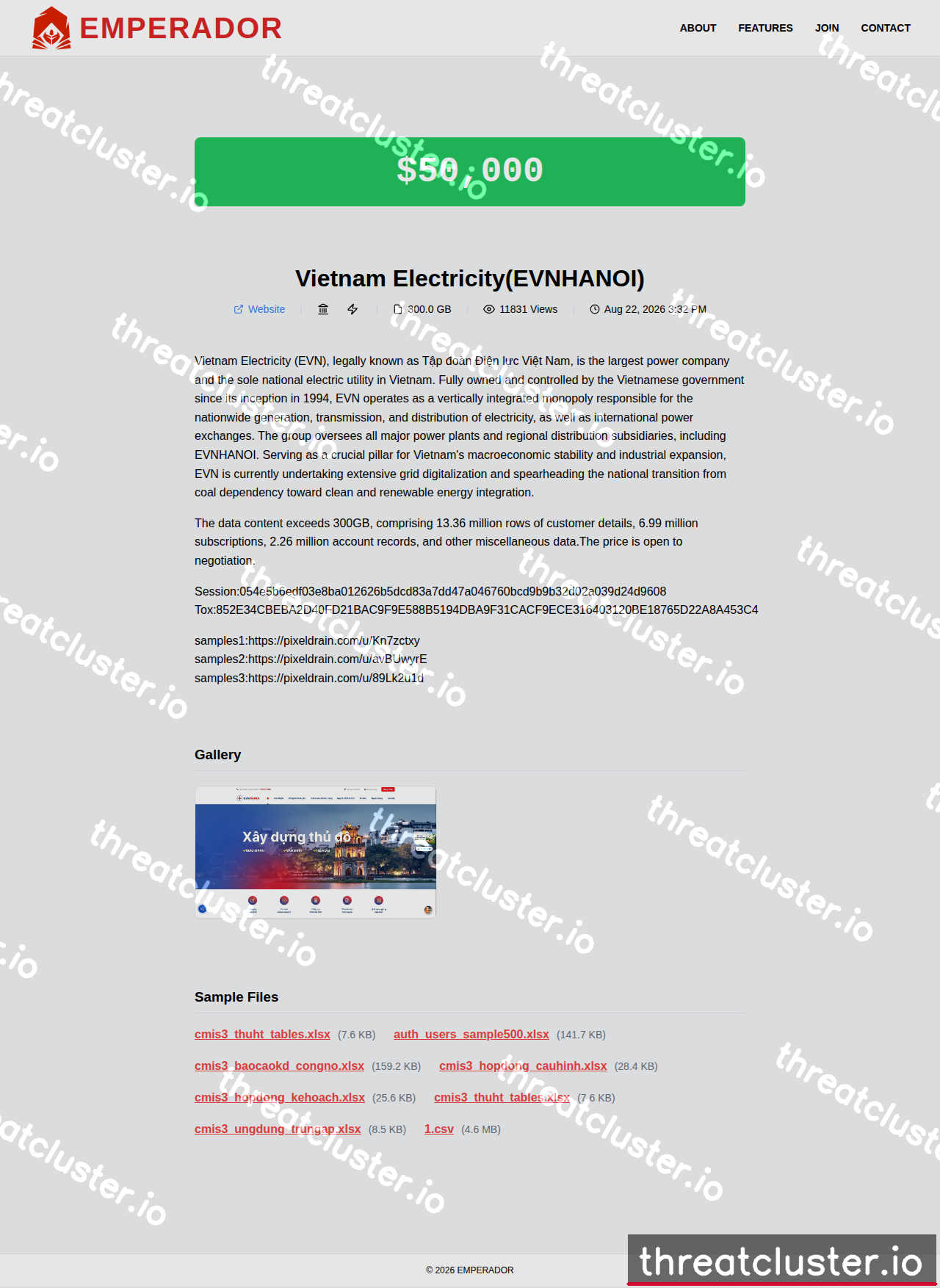 Leak-site post naming Vietnam Electricity(EVNHANOI), captured by ThreatCluster