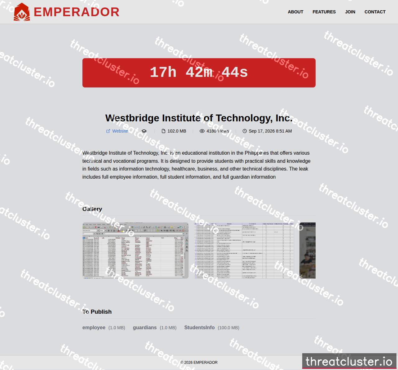 Leak-site post naming Westbridge Institute of Technology, Inc., captured by ThreatCluster