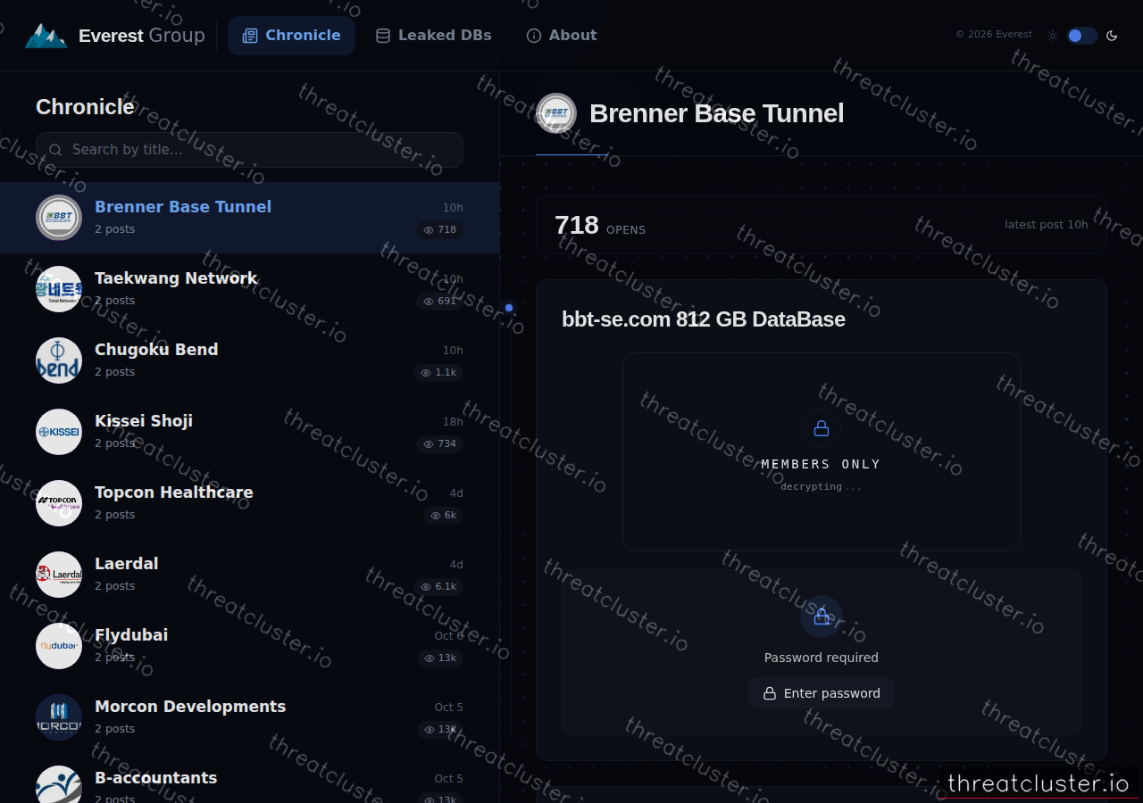 Leak-site post naming Brenner Base Tunnel, captured by ThreatCluster