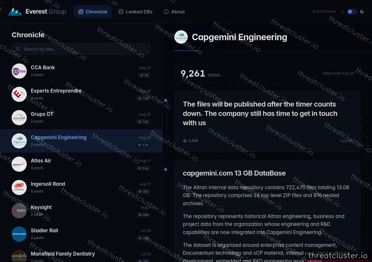 Leak-site post naming Capgemini Engineering, captured by ThreatCluster