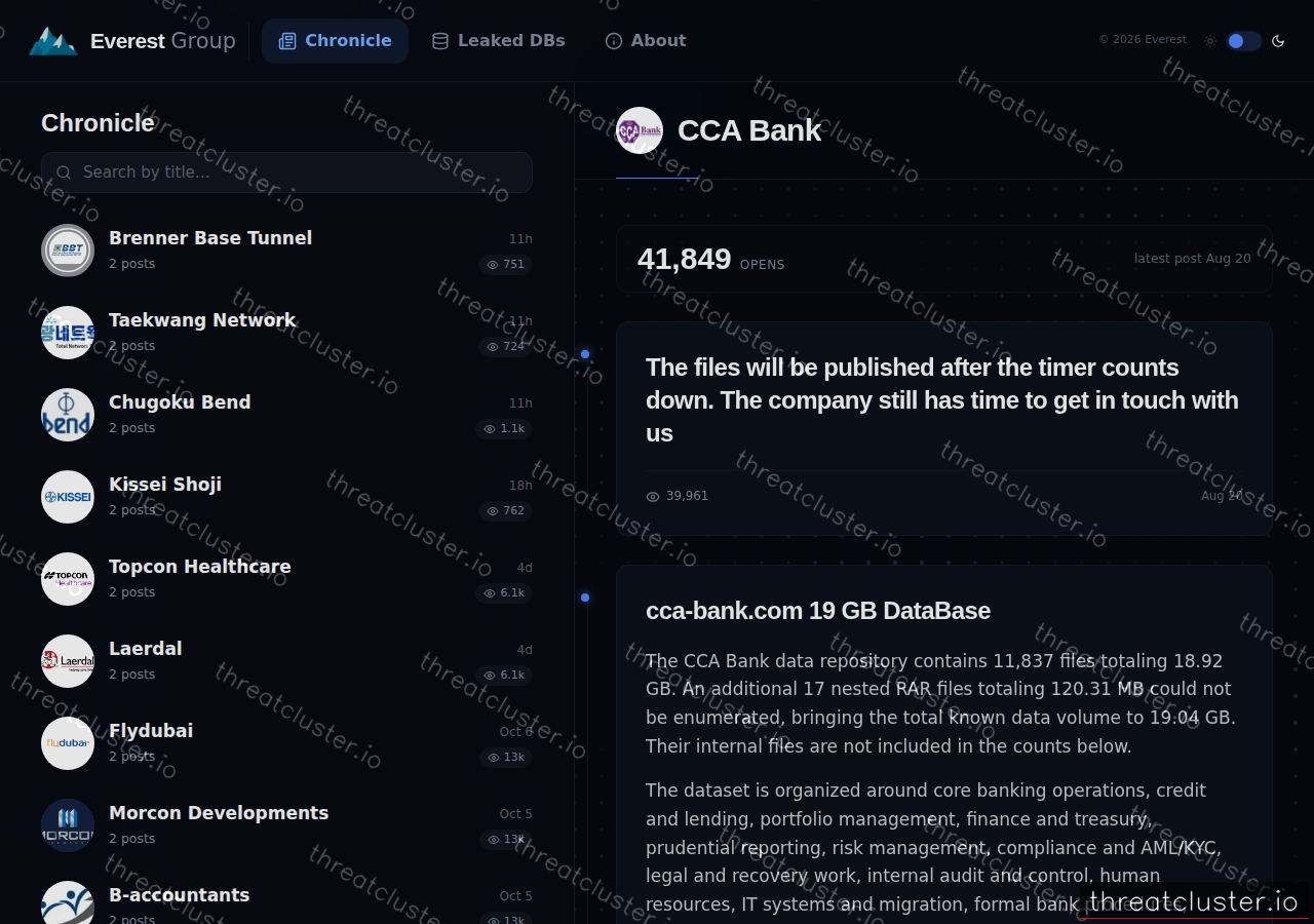 Leak-site post naming CCA Bank, captured by ThreatCluster
