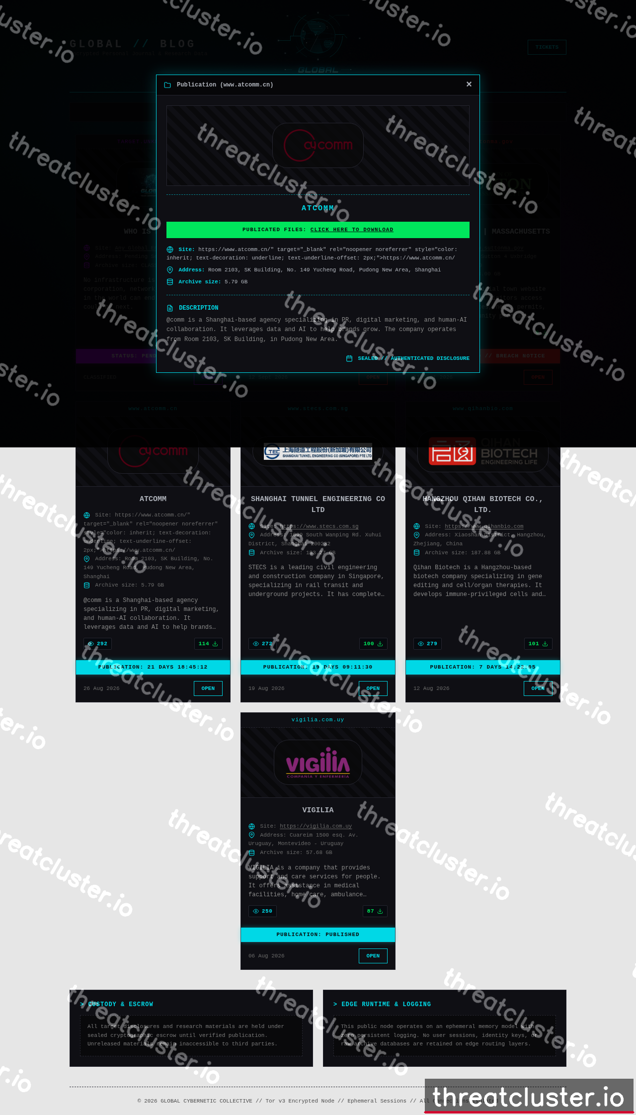 Leak-site post naming Atcomm, captured by ThreatCluster