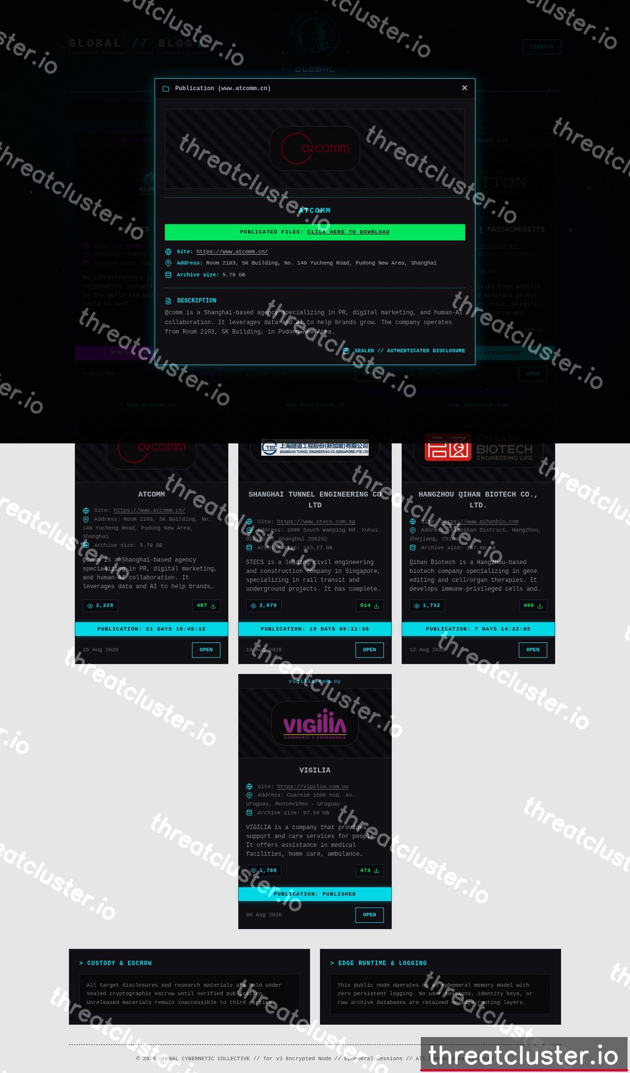 Leak-site post naming Atcomm, captured by ThreatCluster
