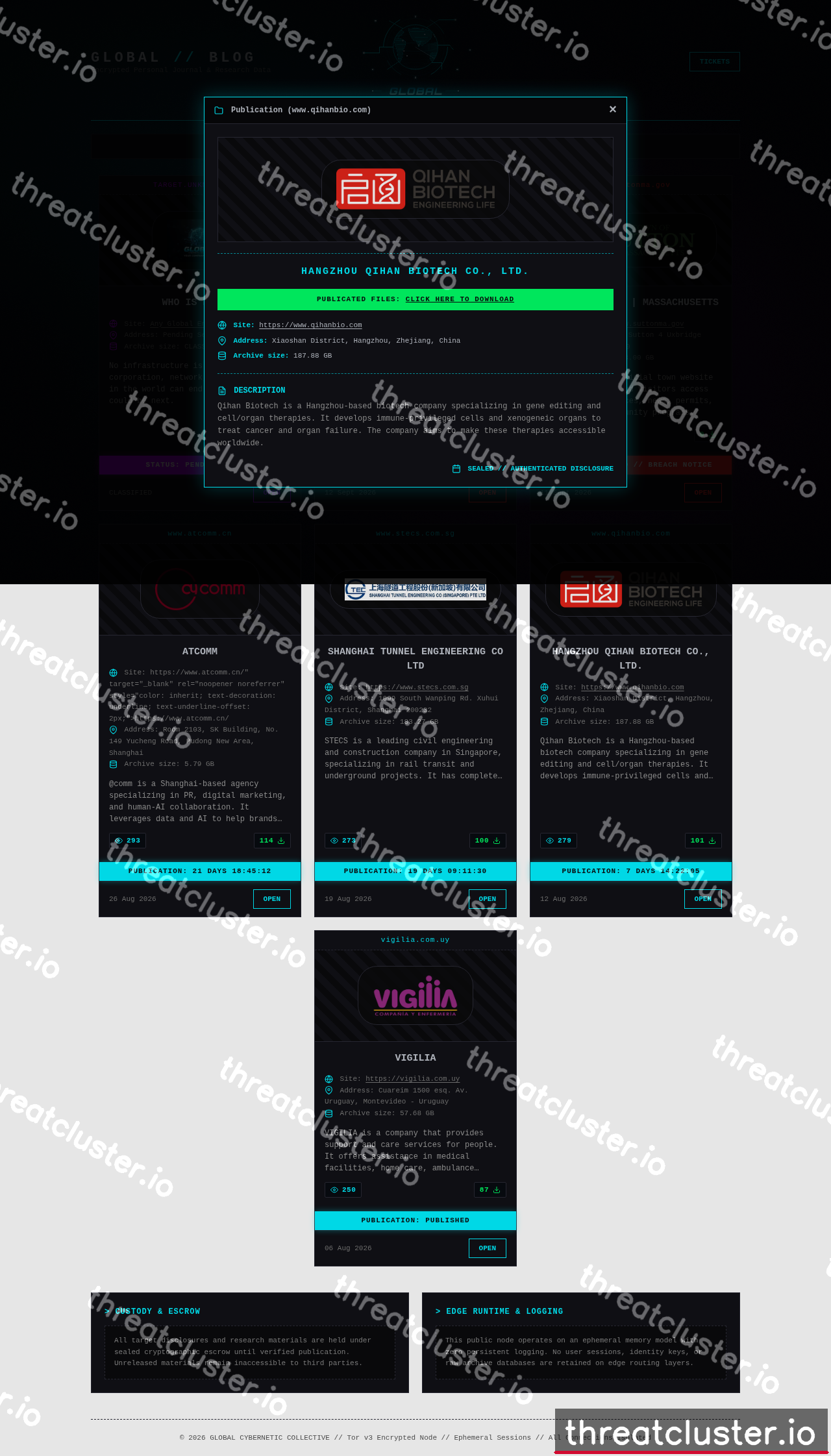 Leak-site post naming Hangzhou Qihan Biotech Co., Ltd., captured by ThreatCluster