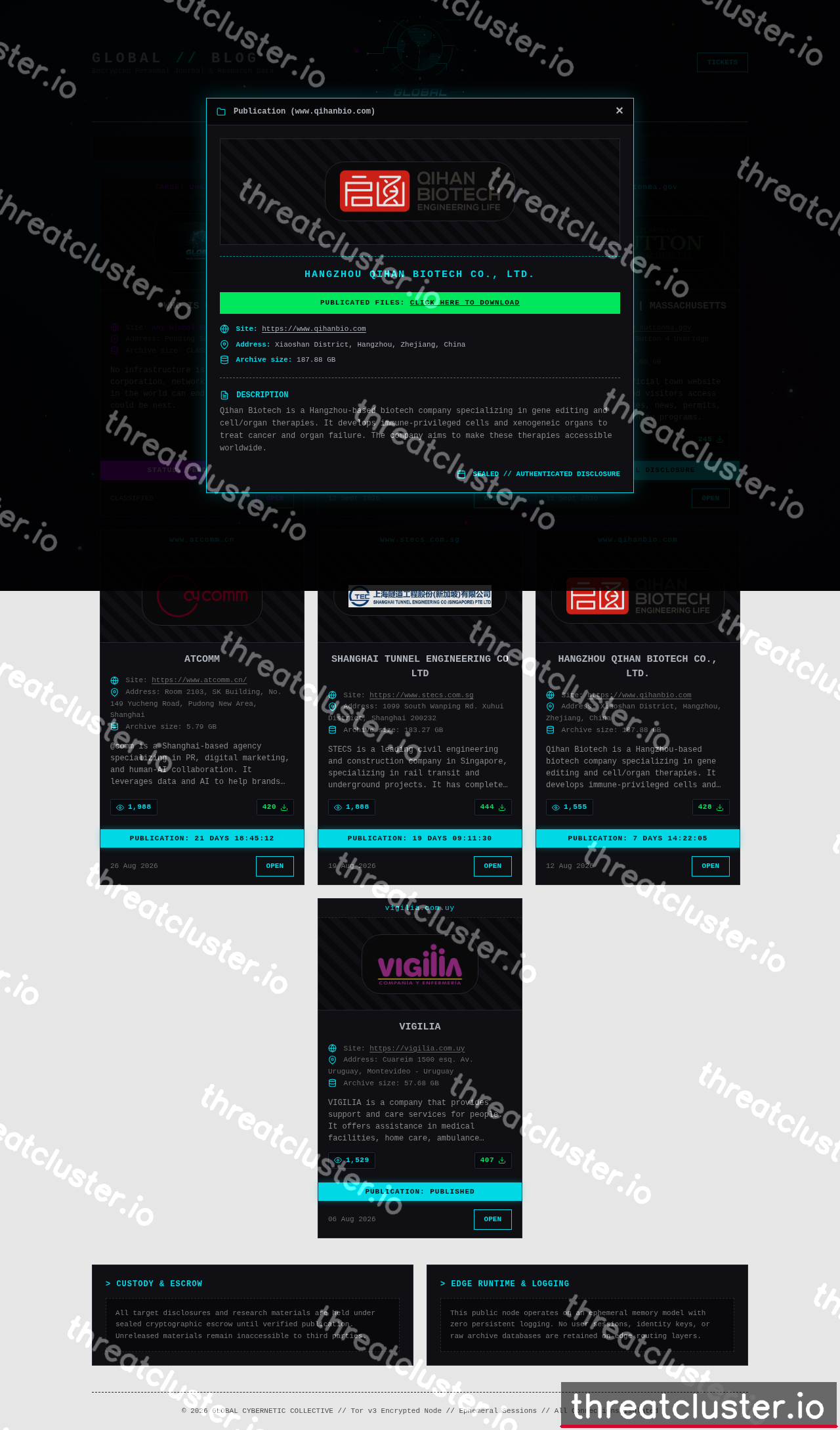 Leak-site post naming Hangzhou Qihan Biotech Co., Ltd., captured by ThreatCluster