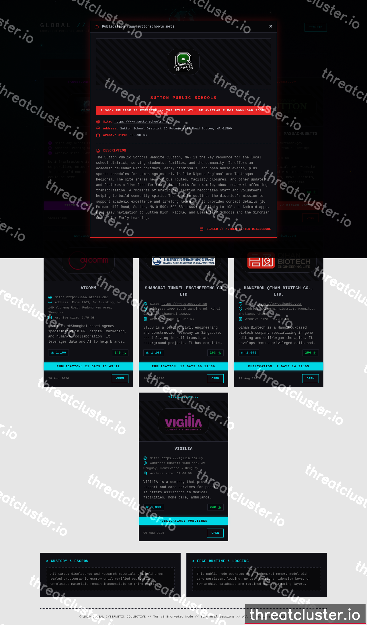 Leak-site post naming Sutton Public Schools, captured by ThreatCluster