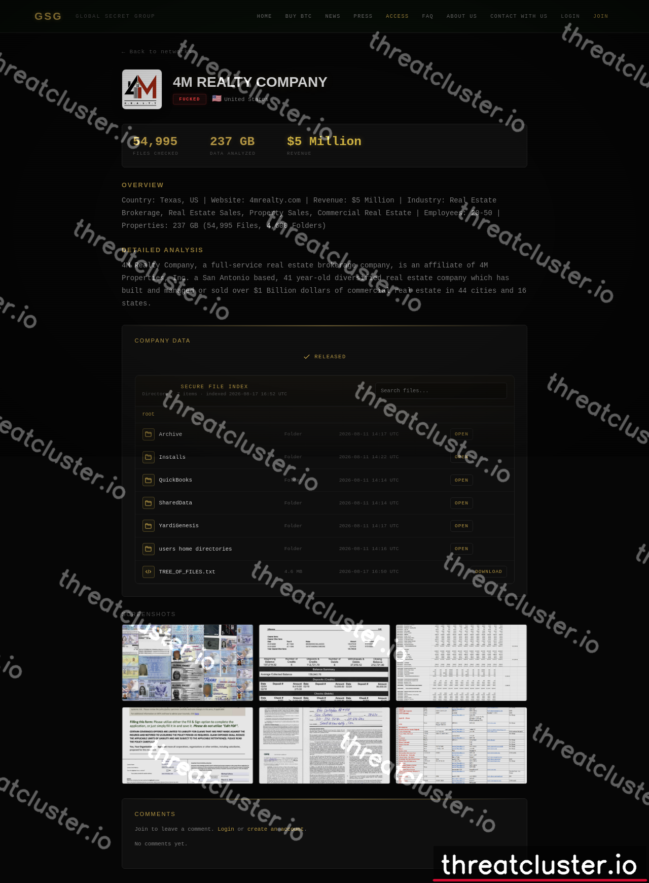 Leak-site post naming 4M REALTY COMPANY, captured by ThreatCluster