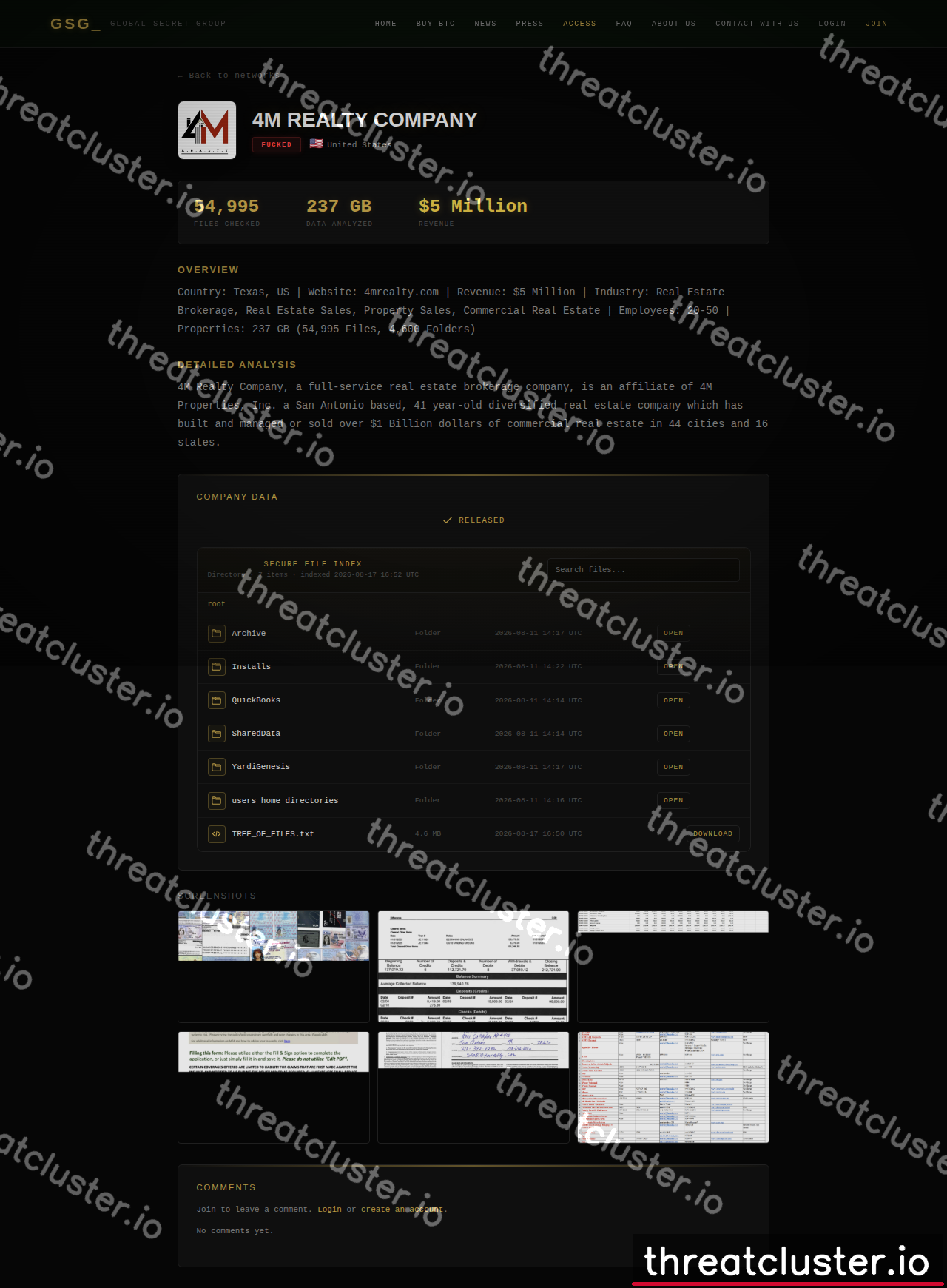 Leak-site post naming 4M REALTY COMPANY, captured by ThreatCluster