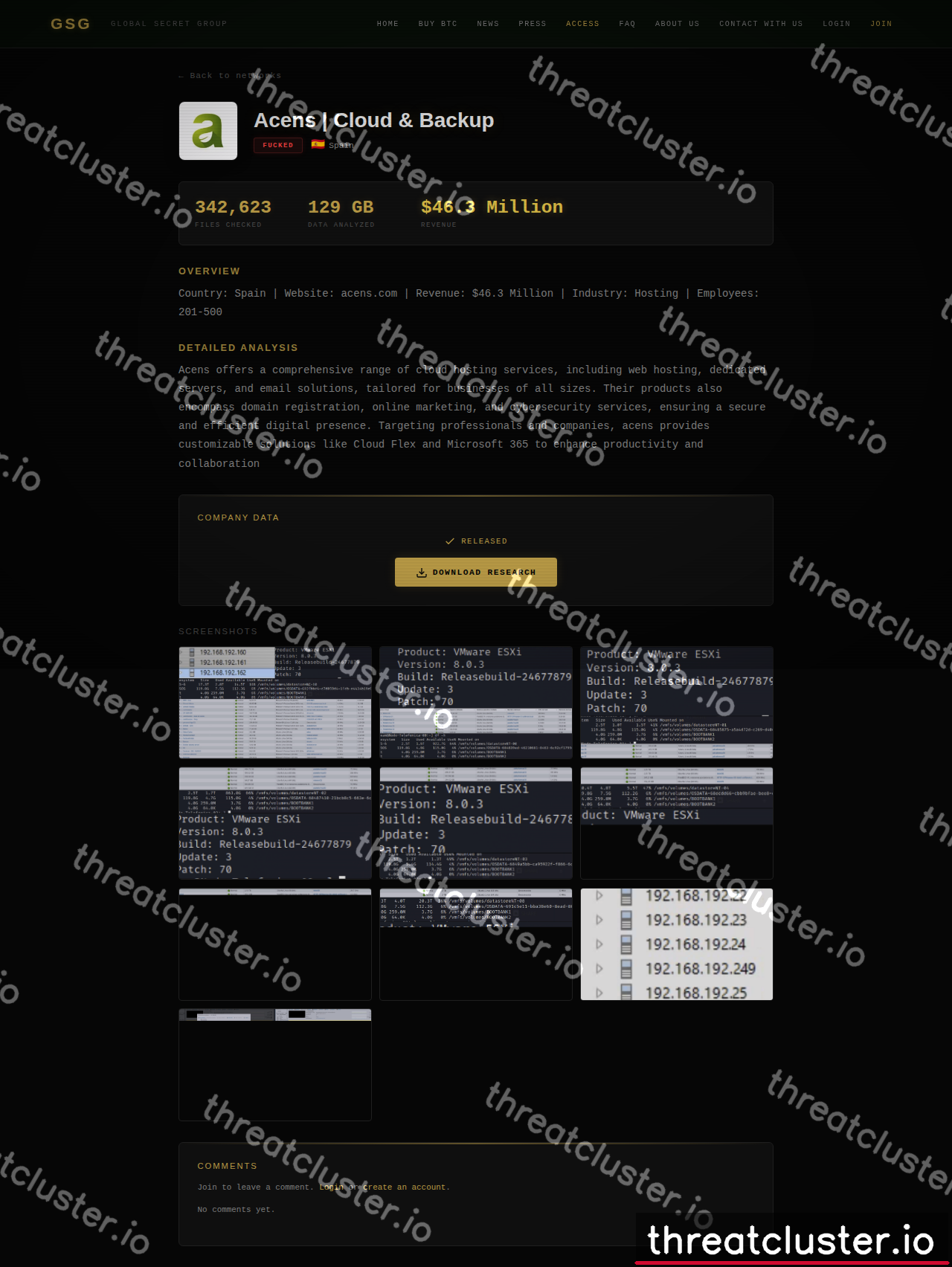 Leak-site post naming Acens | Cloud & Backup, captured by ThreatCluster