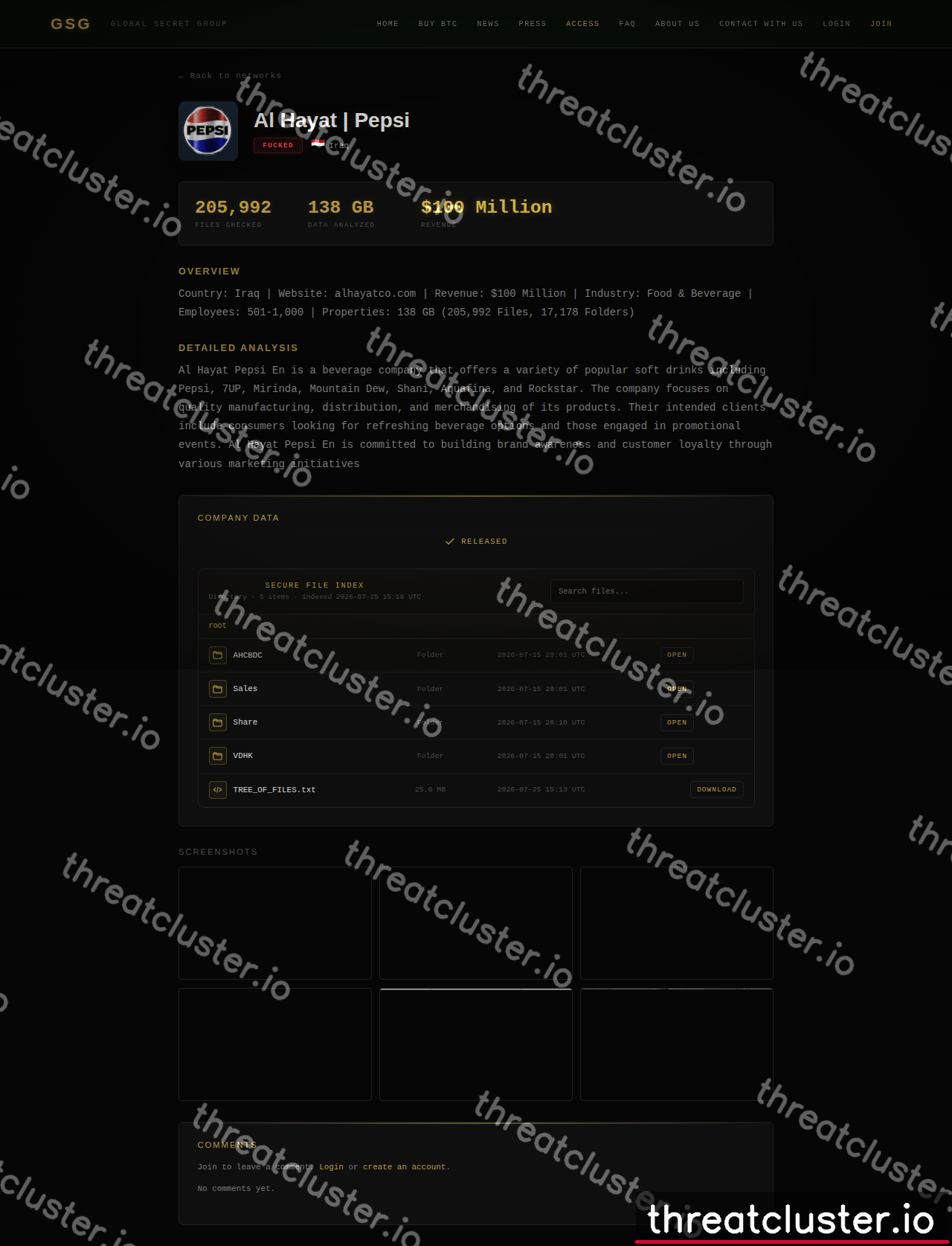 Leak-site post naming Al Hayat | Pepsi, captured by ThreatCluster