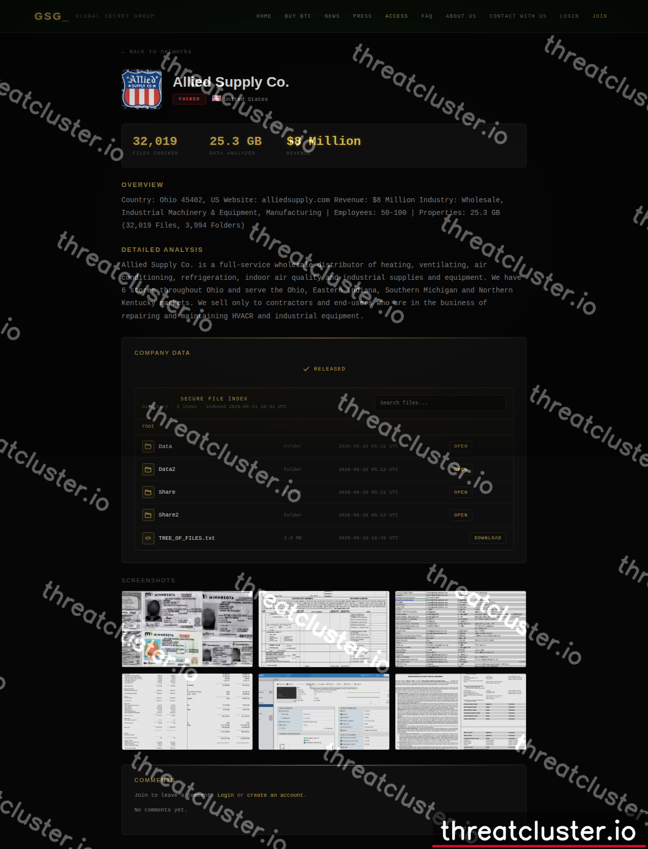 Leak-site post naming Allied Supply Co., captured by ThreatCluster