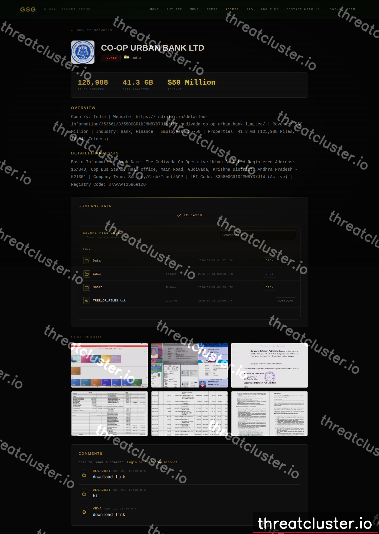 Leak-site post naming CO-OP URBAN BANK LTD, captured by ThreatCluster
