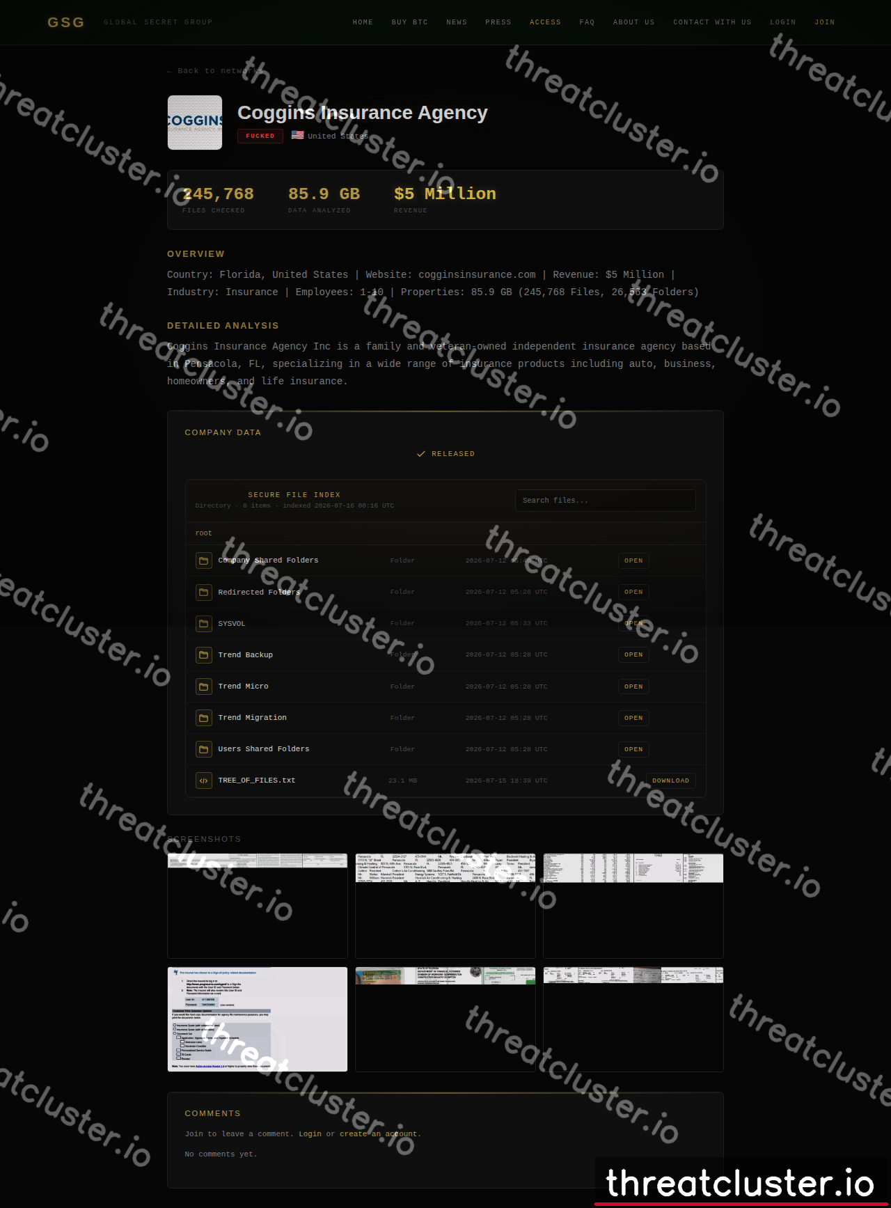 Leak-site post naming Coggins Insurance Agency, captured by ThreatCluster