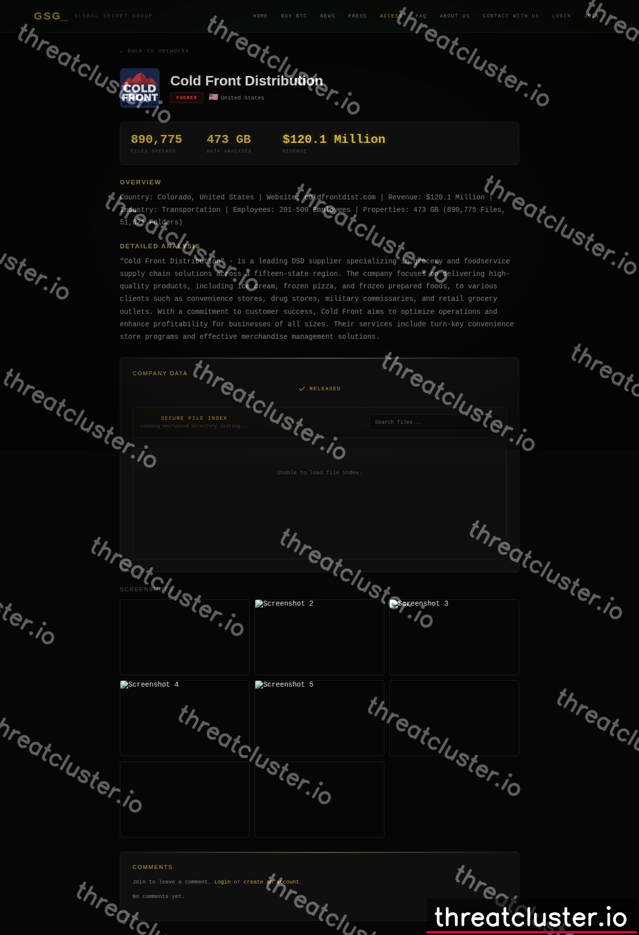 Leak-site post naming Cold Front Distribution, captured by ThreatCluster