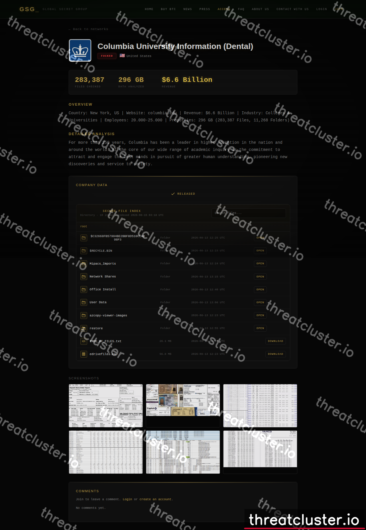 Leak-site post naming Columbia University Information (Dental), captured by ThreatCluster