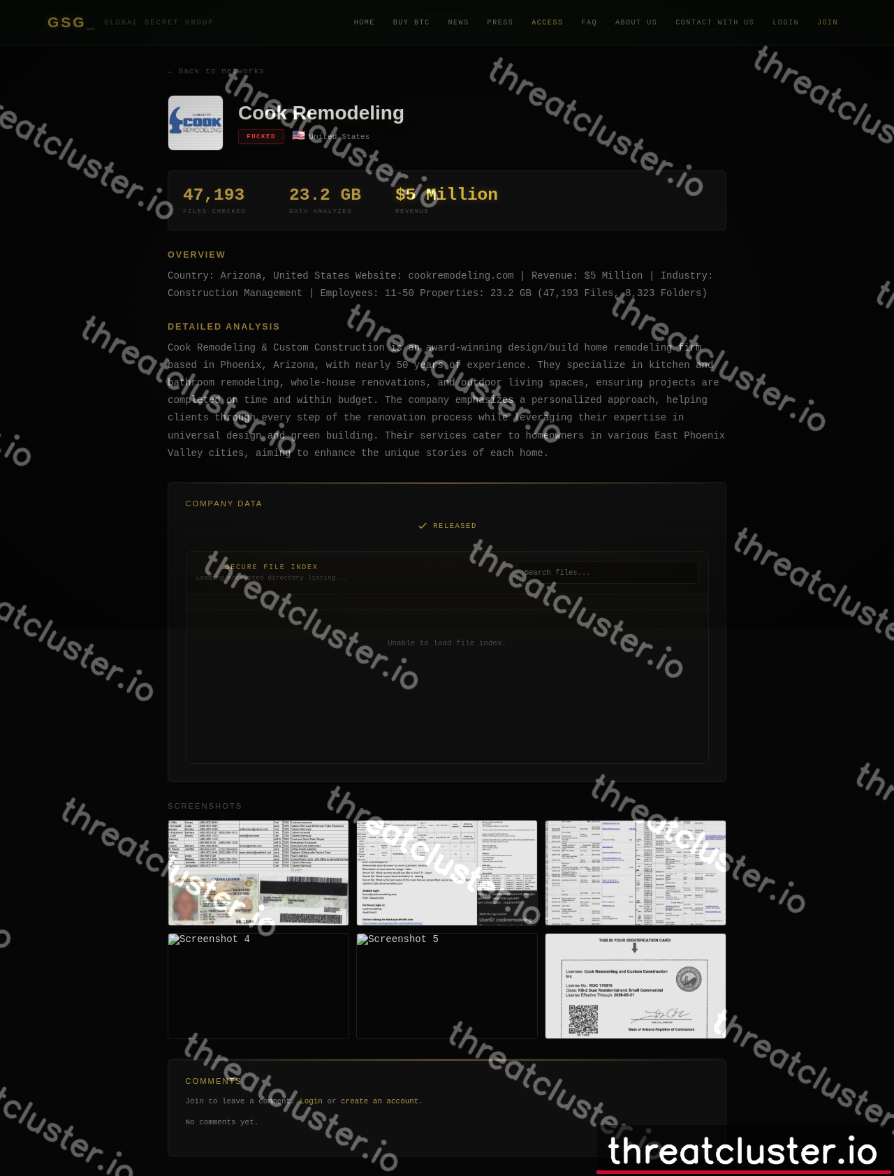 Leak-site post naming Cook Remodeling, captured by ThreatCluster