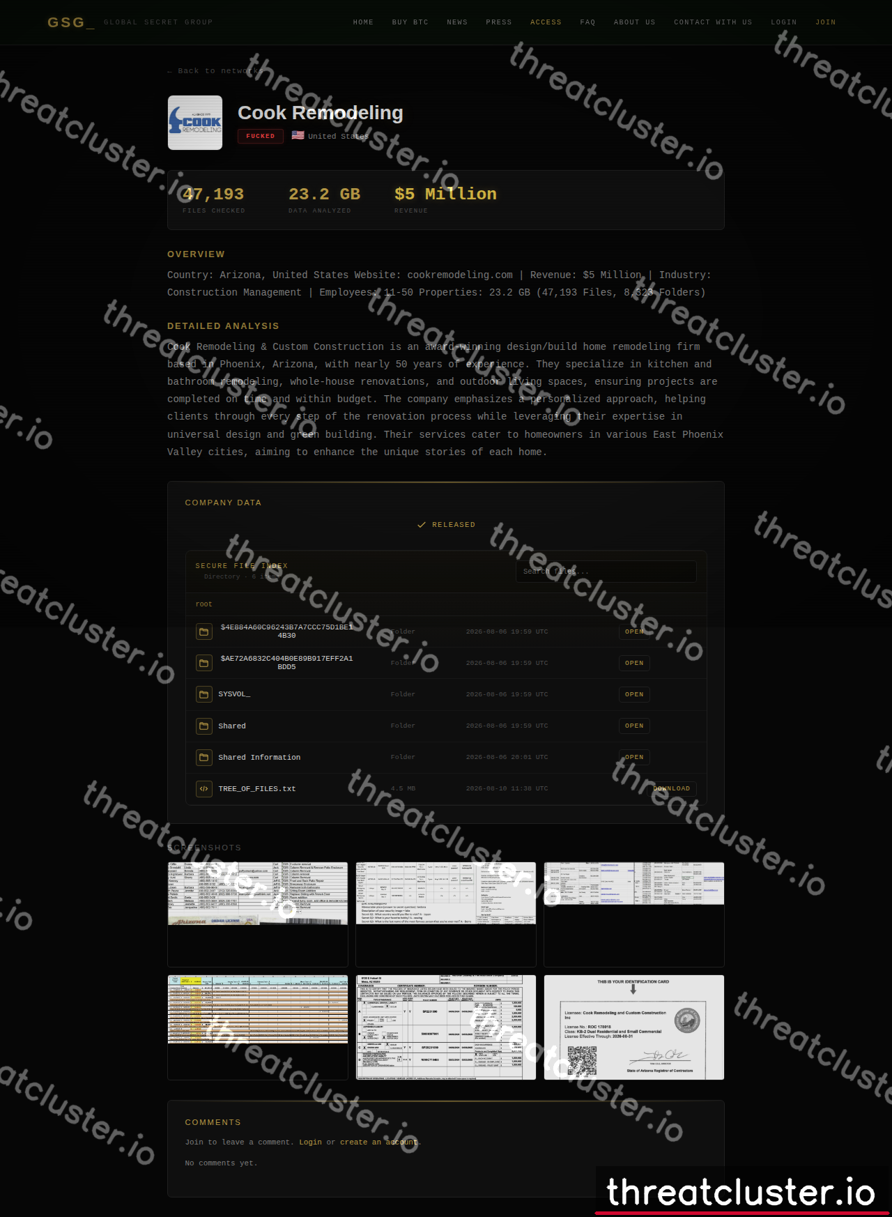 Leak-site post naming Cook Remodeling, captured by ThreatCluster