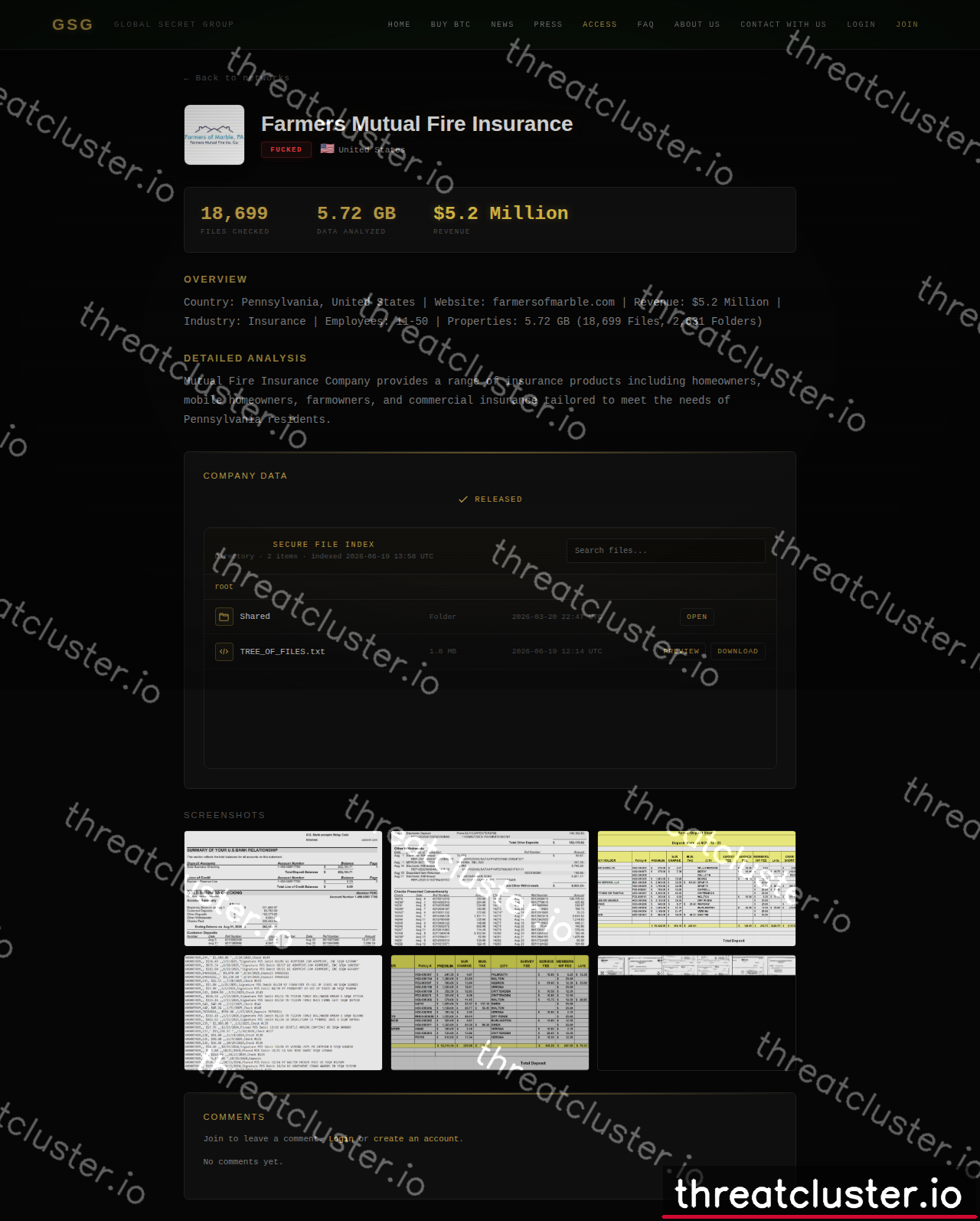 Leak-site post naming Farmers Mutual Fire Insurance, captured by ThreatCluster