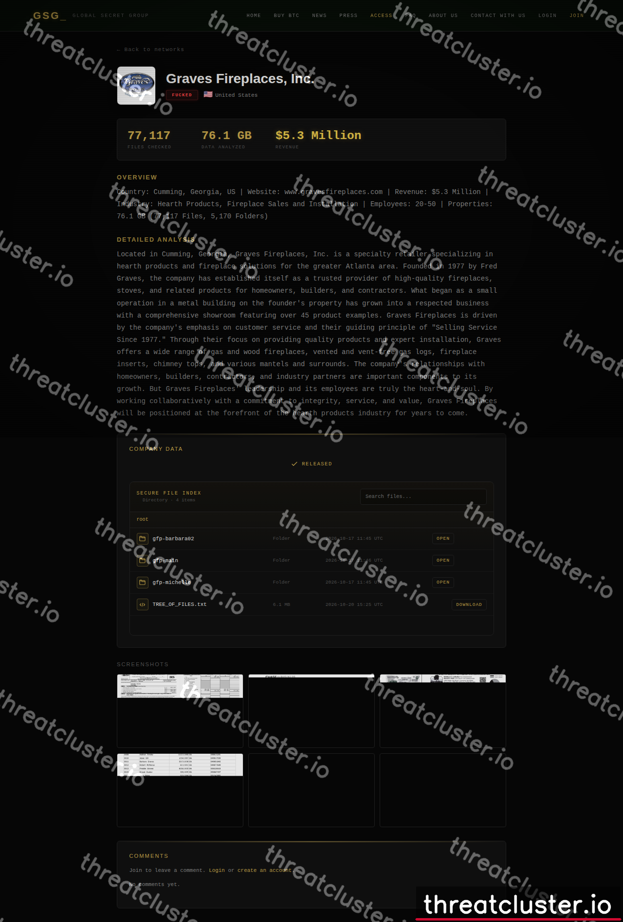 Leak-site post naming Graves Fireplaces, Inc., captured by ThreatCluster