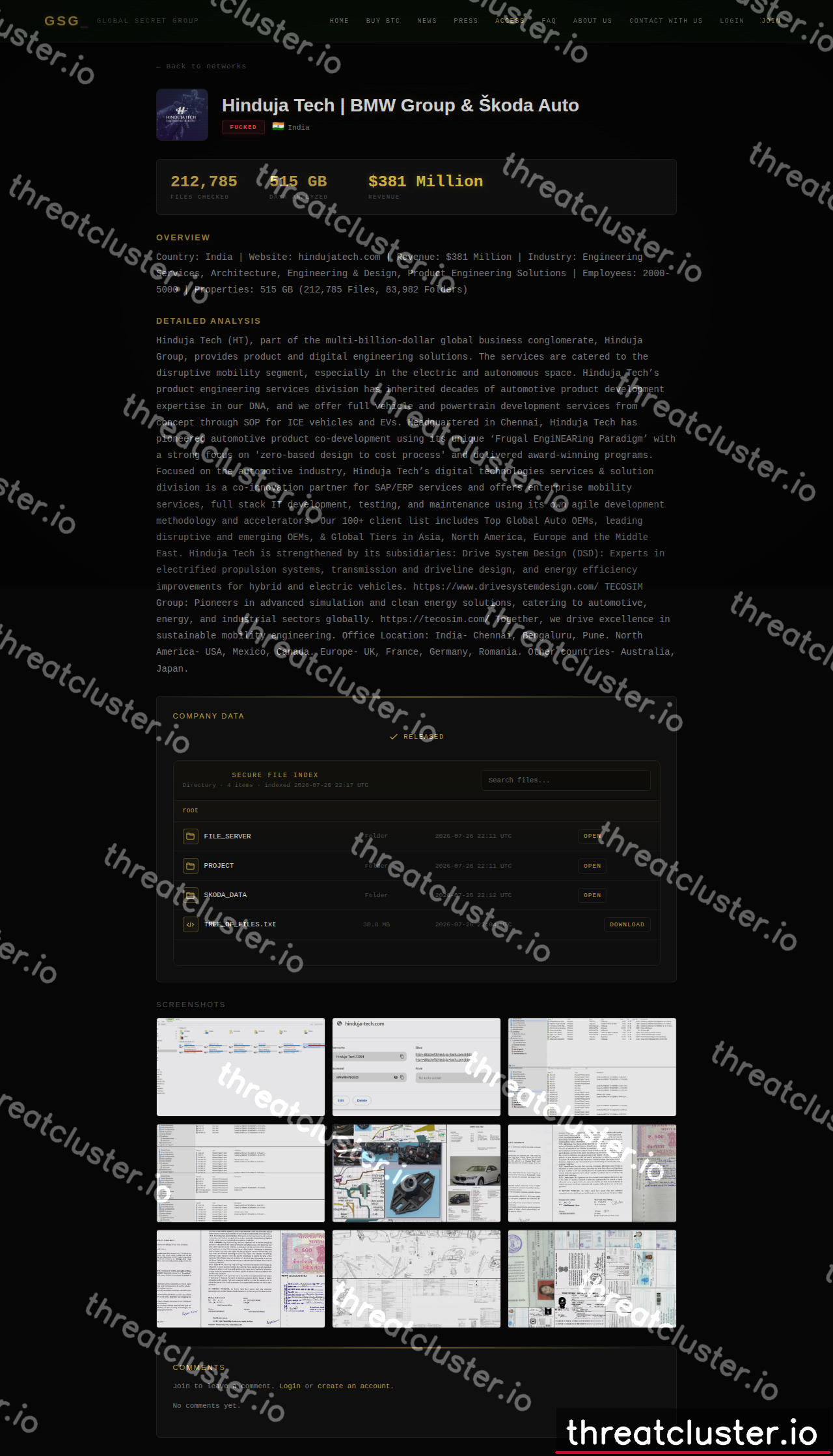Leak-site post naming Hinduja Tech | BMW Group & Škoda Auto, captured by ThreatCluster