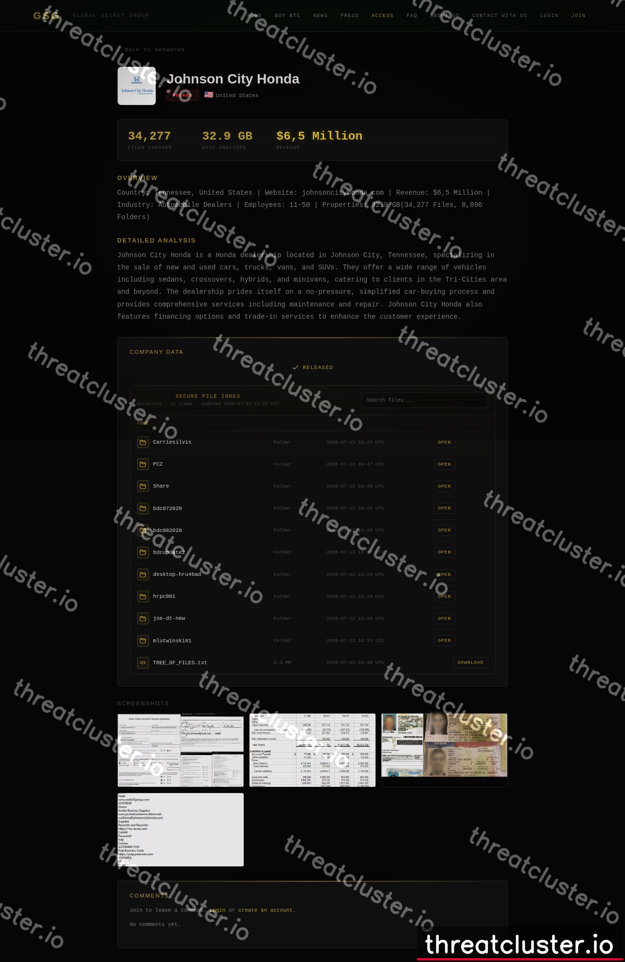 Leak-site post naming Johnson City Honda, captured by ThreatCluster