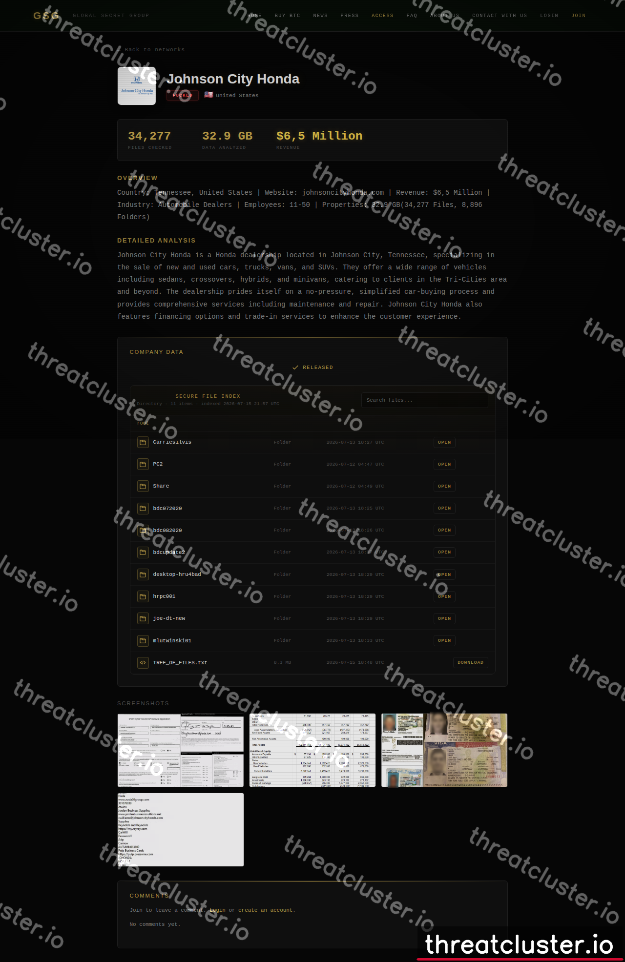 Leak-site post naming Johnson City Honda, captured by ThreatCluster