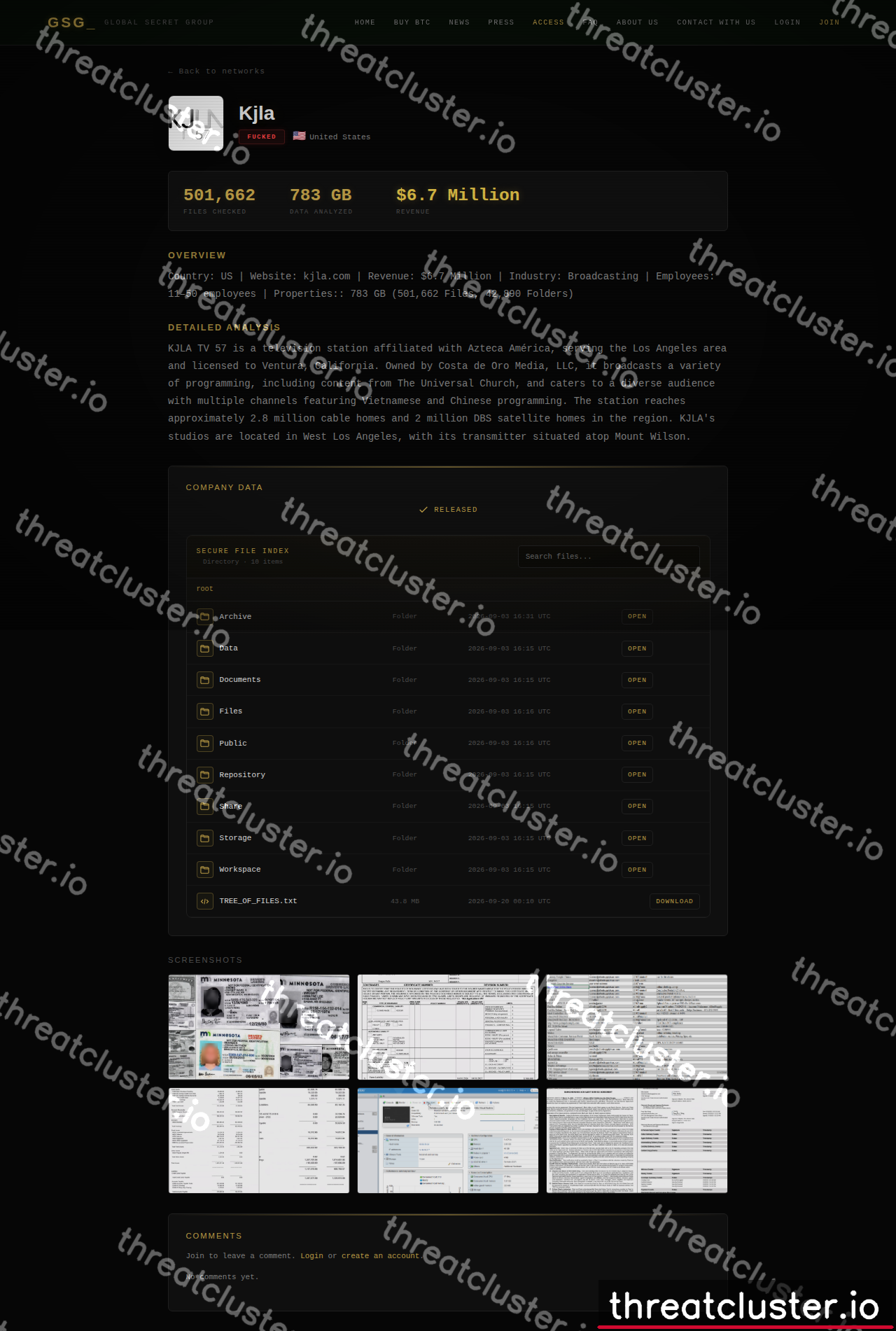 Leak-site post naming Kjla, captured by ThreatCluster