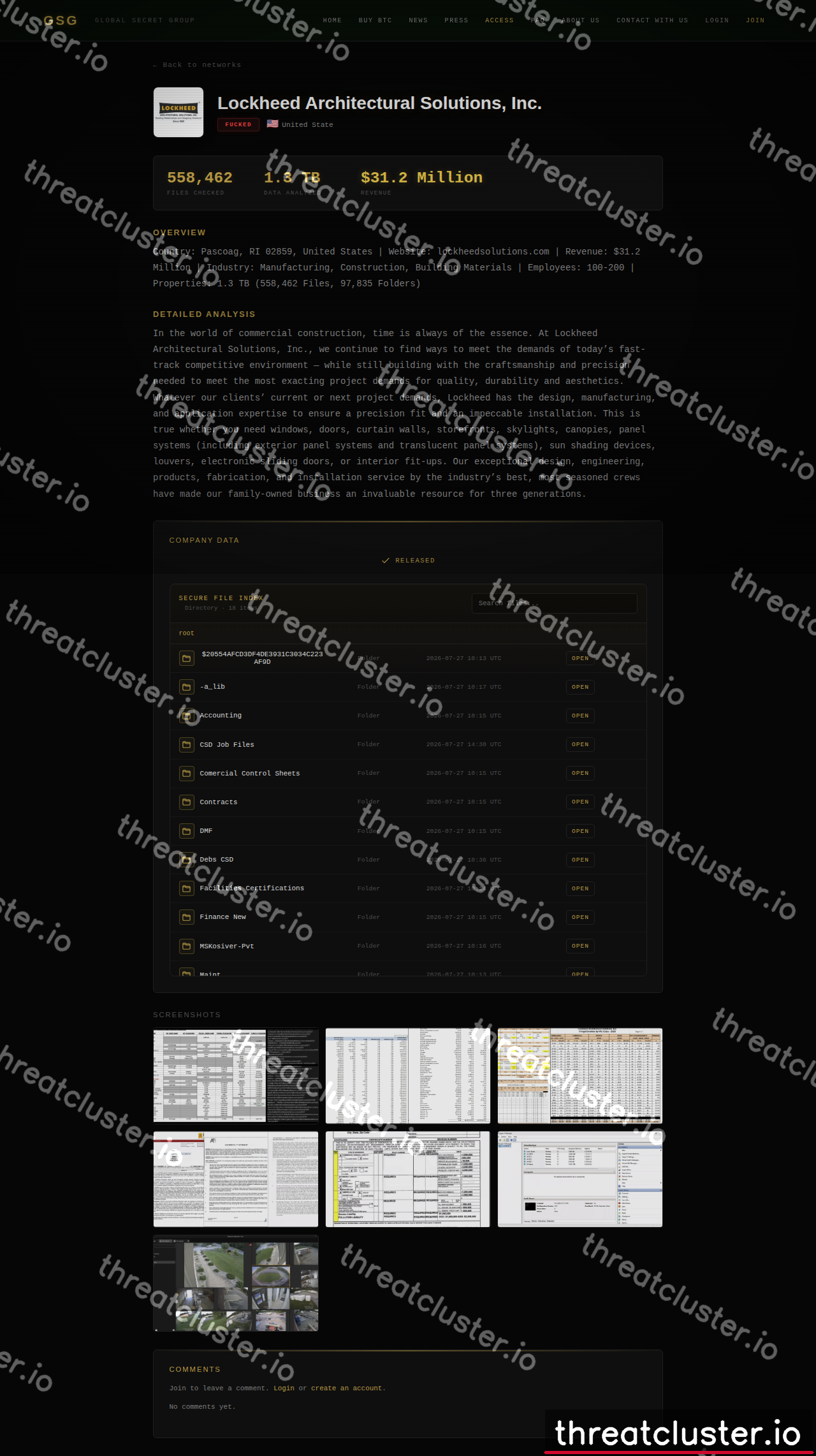 Leak-site post naming Lockheed Architectural Solutions, Inc., captured by ThreatCluster