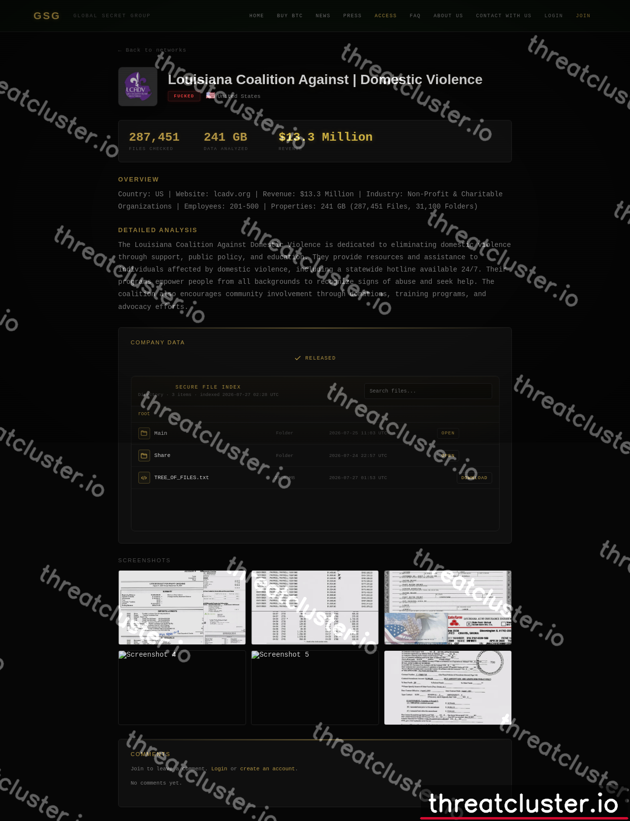 Leak-site post naming Louisiana Coalition Against | Domestic Violence, captured by ThreatCluster
