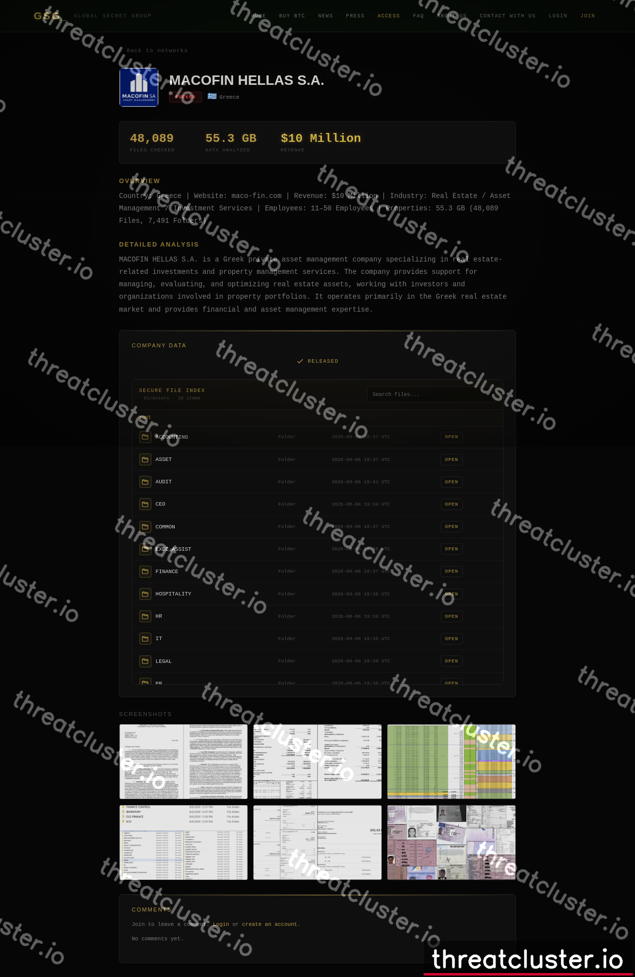 Leak-site post naming MACOFIN HELLAS S.A., captured by ThreatCluster