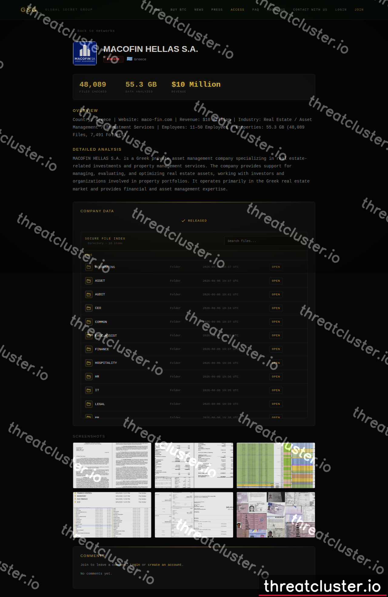 Leak-site post naming MACOFIN HELLAS S.A., captured by ThreatCluster