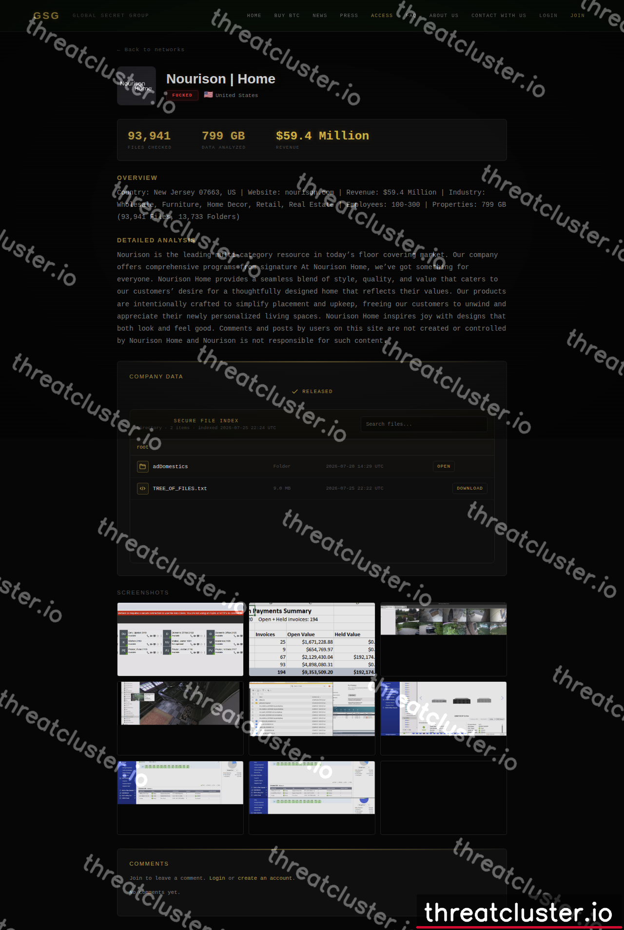 Leak-site post naming Nourison | Home, captured by ThreatCluster