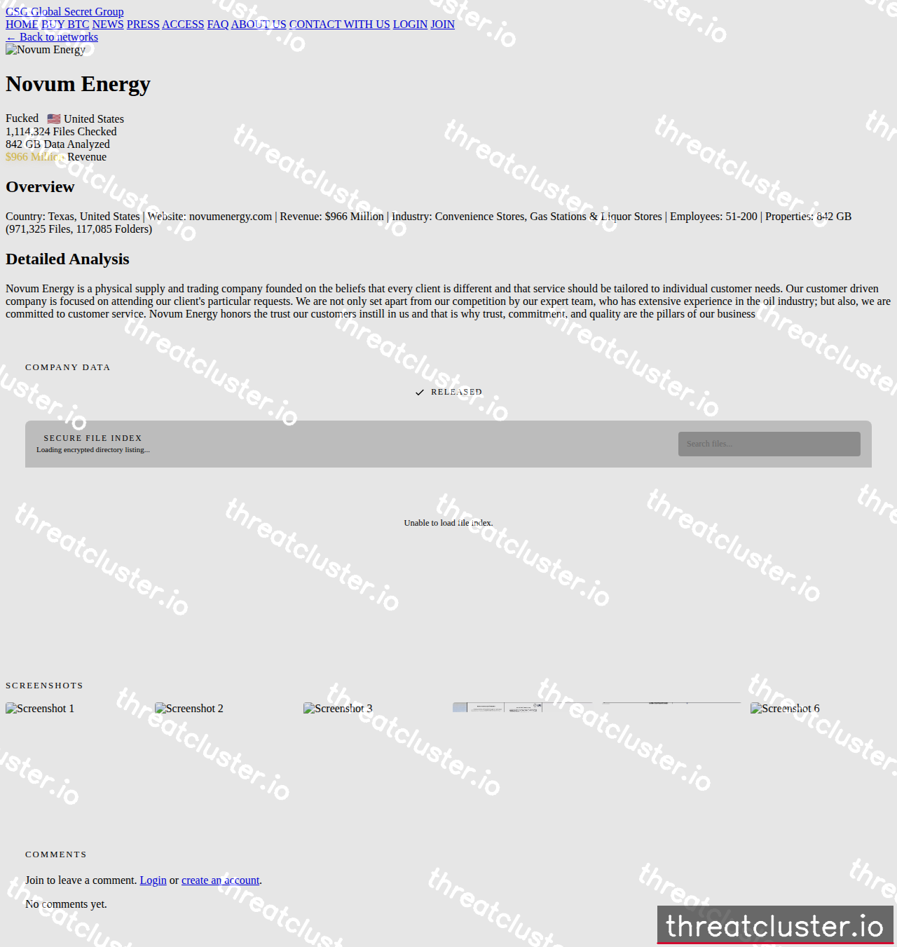 Leak-site post naming Novum Energy, captured by ThreatCluster