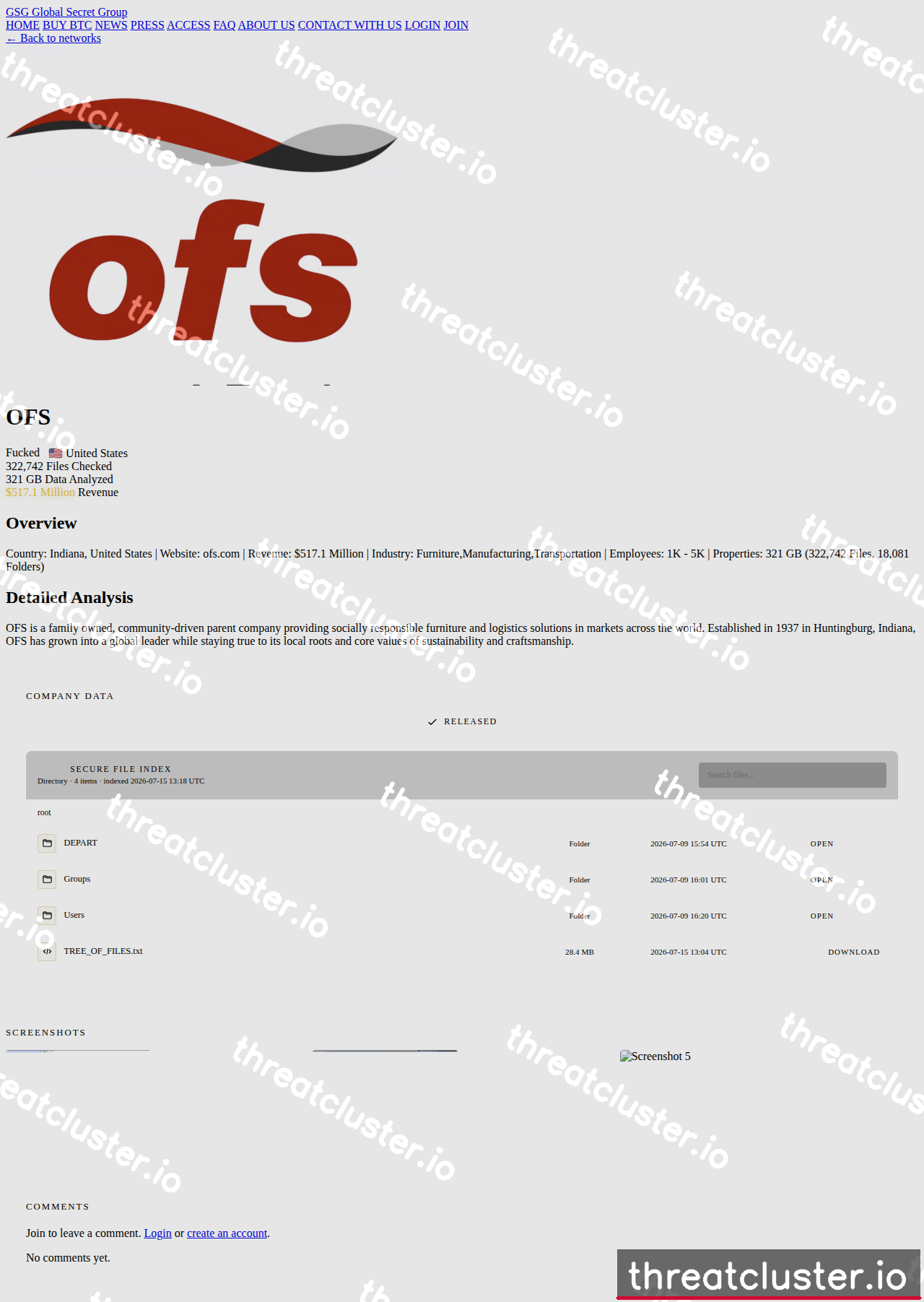 Leak-site post naming OFS, captured by ThreatCluster