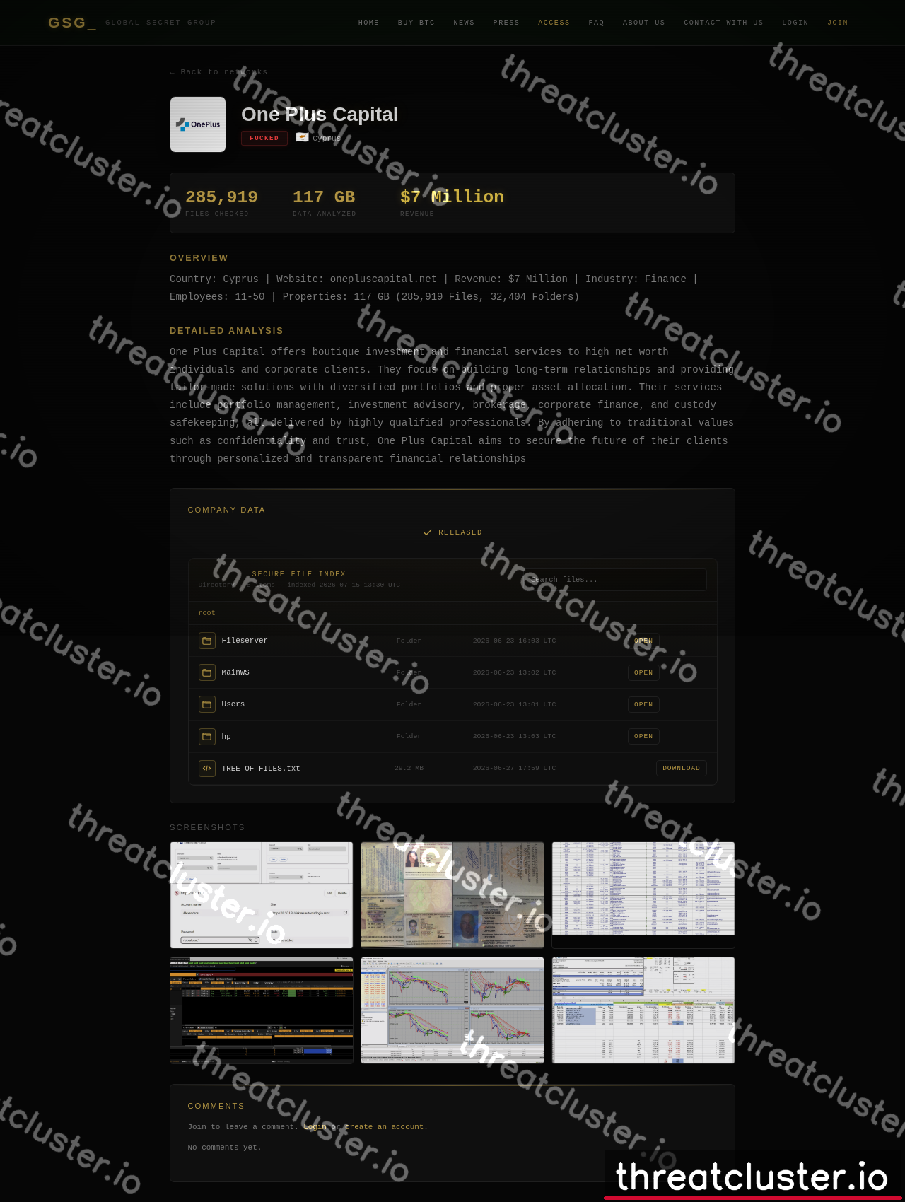 Leak-site post naming One Plus Capital, captured by ThreatCluster