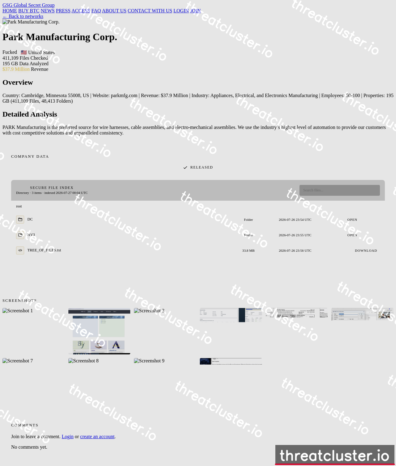 Leak-site post naming Park Manufacturing Corp., captured by ThreatCluster