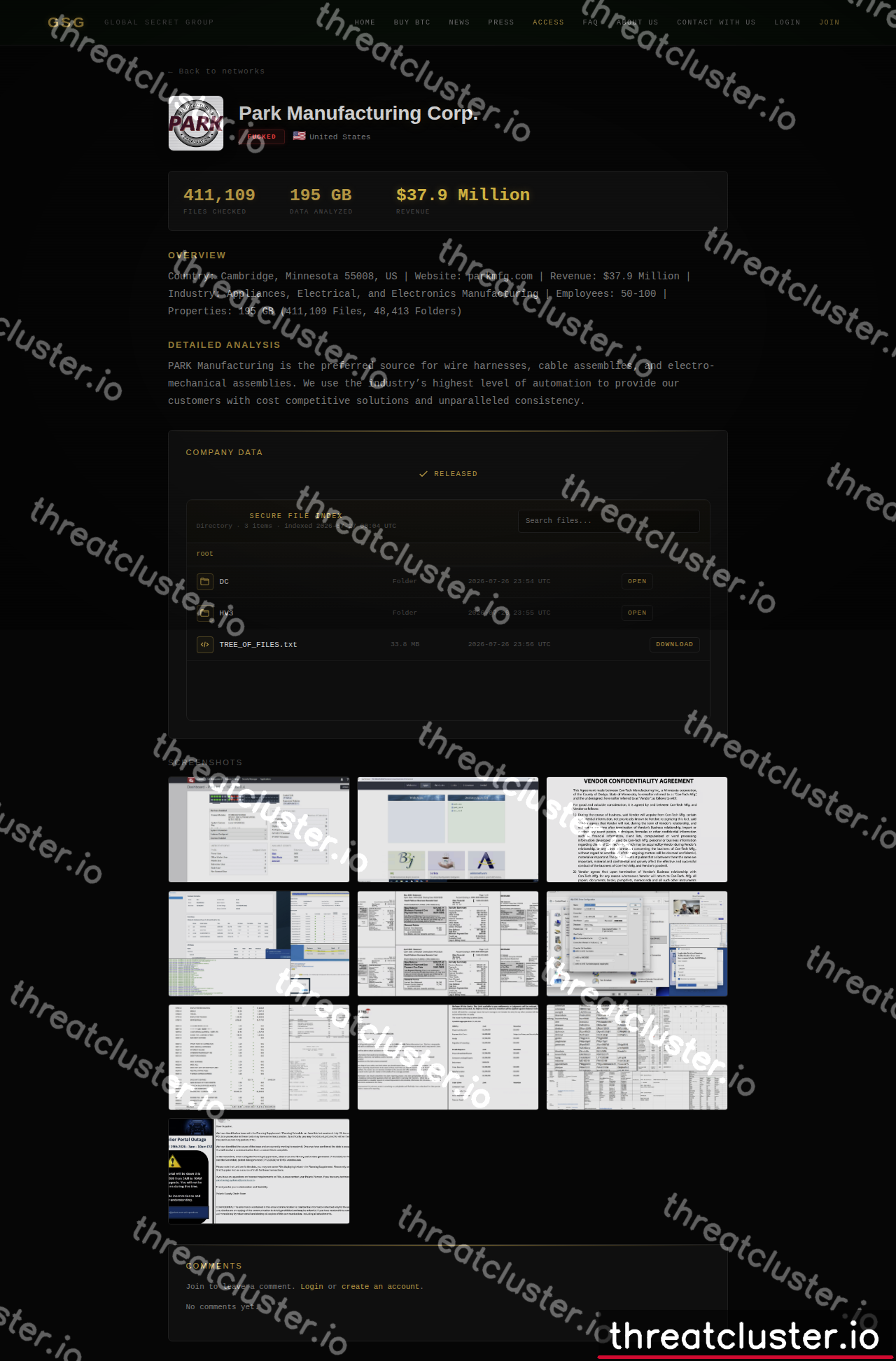 Leak-site post naming Park Manufacturing Corp., captured by ThreatCluster