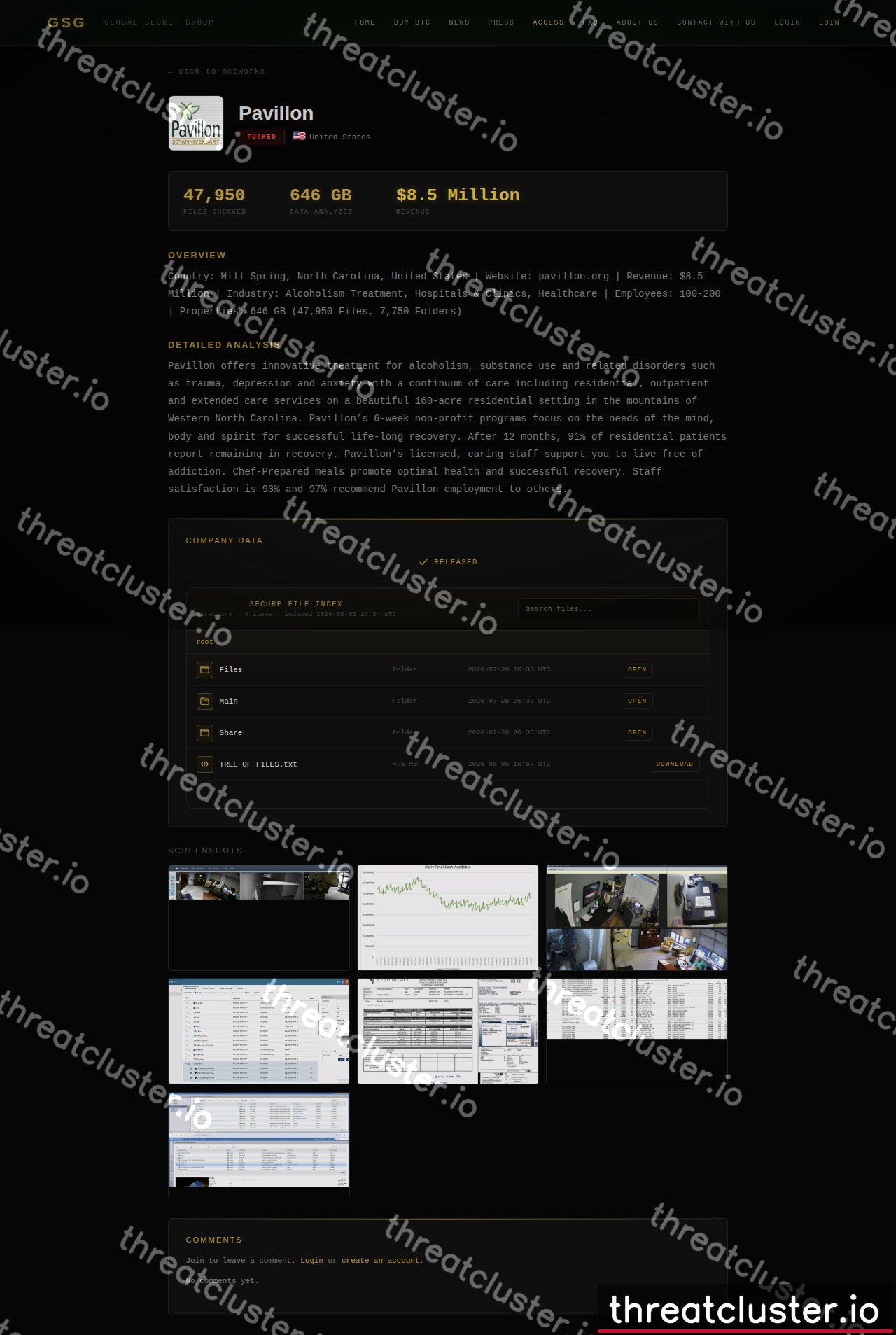 Leak-site post naming Pavillon, captured by ThreatCluster