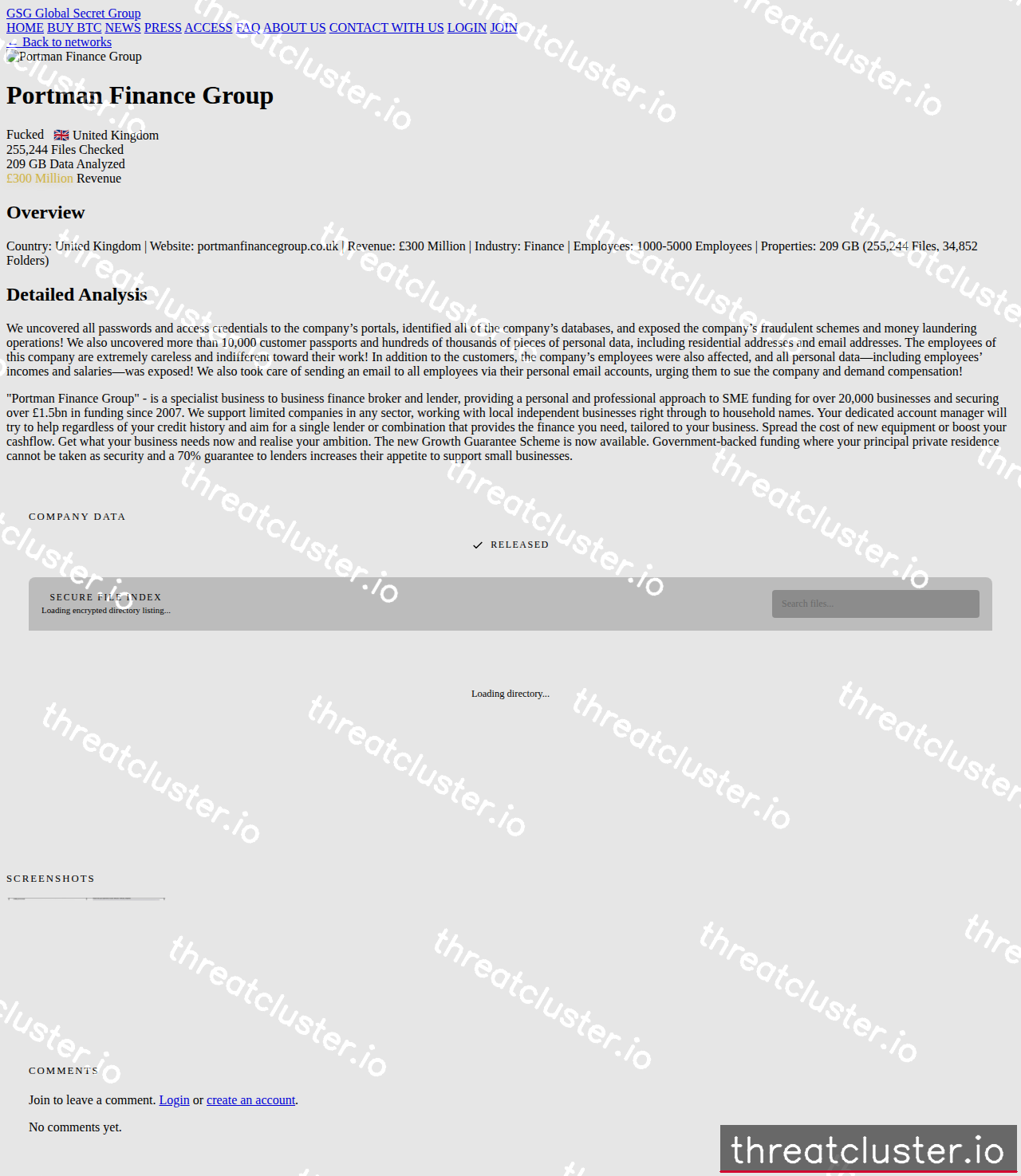 Leak-site post naming Portman Finance Group, captured by ThreatCluster
