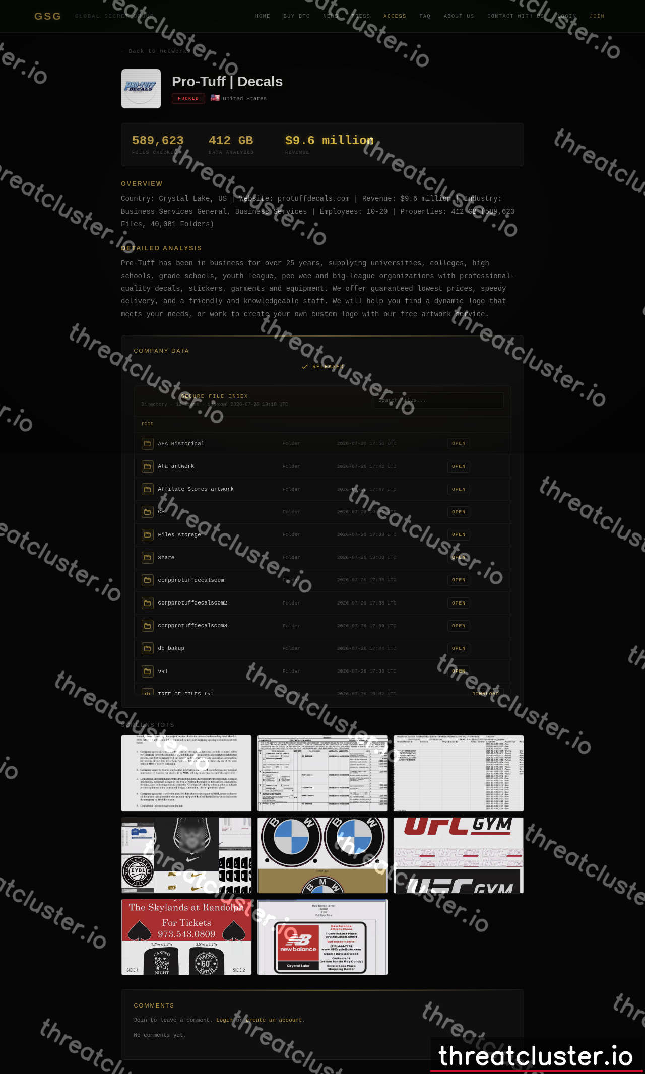 Leak-site post naming Pro-Tuff | Decals, captured by ThreatCluster