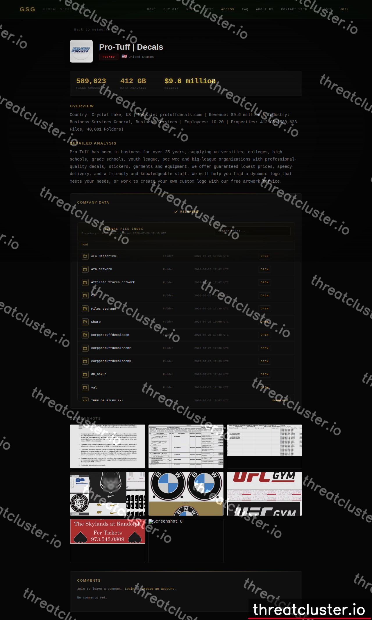 Leak-site post naming Pro-Tuff | Decals, captured by ThreatCluster