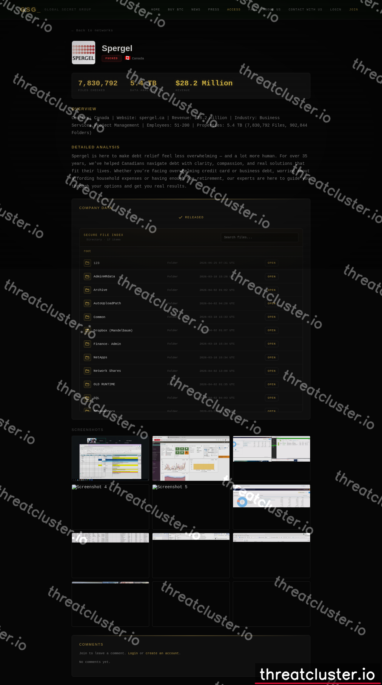 Leak-site post naming Spergel, captured by ThreatCluster