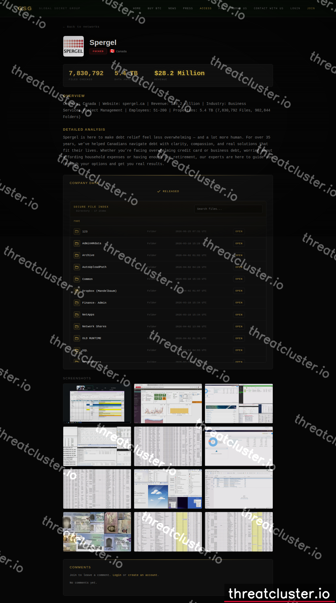 Leak site of global secret group, captured by ThreatCluster